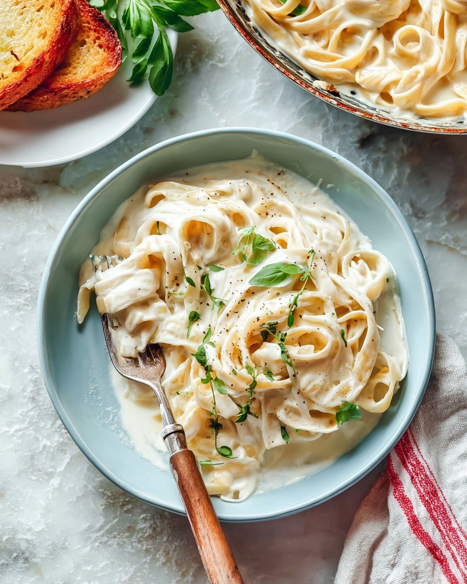 A pale blue bowl filled with two layers of creamy white fettuccine pasta coated in a smooth, thick white sauce with a few green herb leaves sprinkled on top; a silver fork with a wooden handle rests inside the bowl, twirling some pasta, all placed on a white marbled surface next to a white cloth with red stripes and a white plate holding a golden toasted bread slice, with a bunch of fresh green leaves beside the bowl; part of a larger pan filled with the same creamy fettuccine is visible at the top right corner. photo taken with an iphone --ar 4:5 --v 7