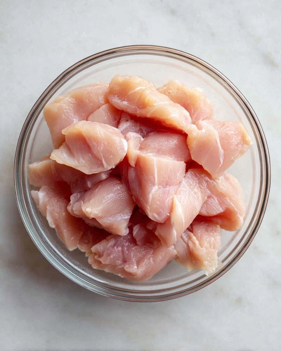 A clear bowl filled with several pieces of raw, light pink chicken meat that are cut into small, uneven chunks. The bowl is set on a white marbled textured surface, with the chicken pieces stacked loosely in the center, showing a soft and slightly shiny texture. The image is brightly lit, showing the natural color and freshness of the chicken. photo taken with an iphone --ar 4:5 --v 7