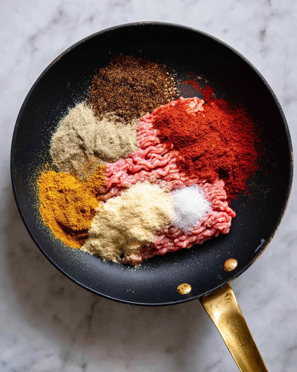 Inside a black pan with a golden handle resting on a white marbled surface, there is a layered mound of raw ground meat at the bottom. On top of the meat, several piles of spices are layered separately: a large amount of light brown powder on the left bottom, dark brown powder above that, bright red powder to the right top, and a white fine powder on the right bottom. The spices are arranged neatly over the pink meat, with some scattered lightly around the pan edges. The photo taken with an iphone --ar 4:5 --v 7