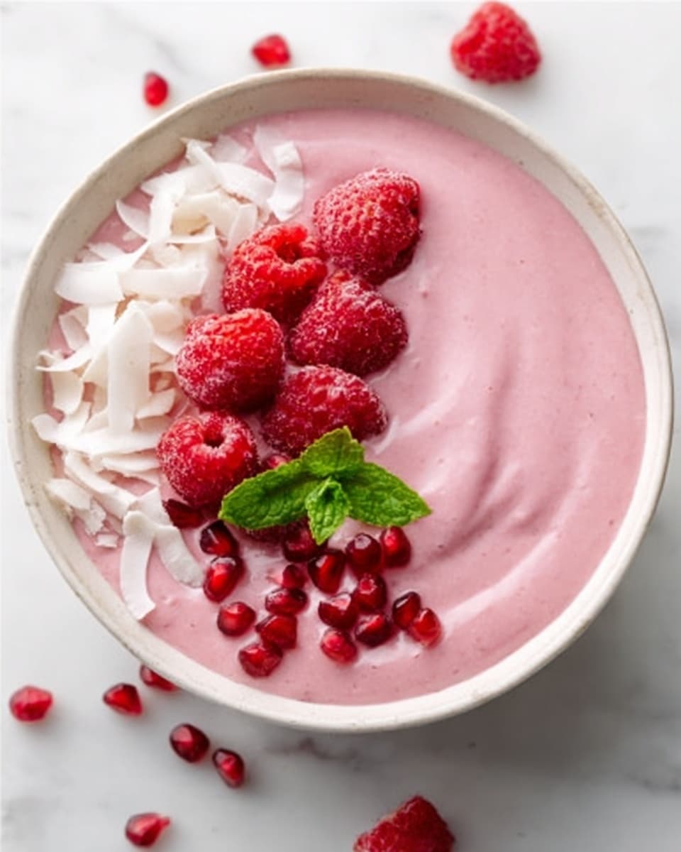 A white bowl filled with smooth, thick, light pink smoothie. On top, there is a group of fresh red raspberries in the center, some white coconut flakes to the left side, and bright red pomegranate seeds scattered around. A small green mint leaf sits among the raspberries, adding a fresh touch. The bowl is on a white marbled surface. Photo taken with an iphone --ar 4:5 --v 7