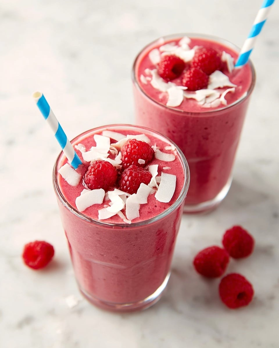 Two clear glasses are filled with a thick raspberry smoothie that is a deep pinkish-red color, with a smooth texture. Each glass is topped with whole fresh raspberries and white coconut flakes scattered on the surface. Blue and white striped straws stand in each smoothie from the top left side. The glasses sit on a white marbled surface with scattered fresh raspberries around, and a small clear bowl with green leafy herbs is blurred in the background to the right. photo taken with an iphone --ar 4:5 --v 7