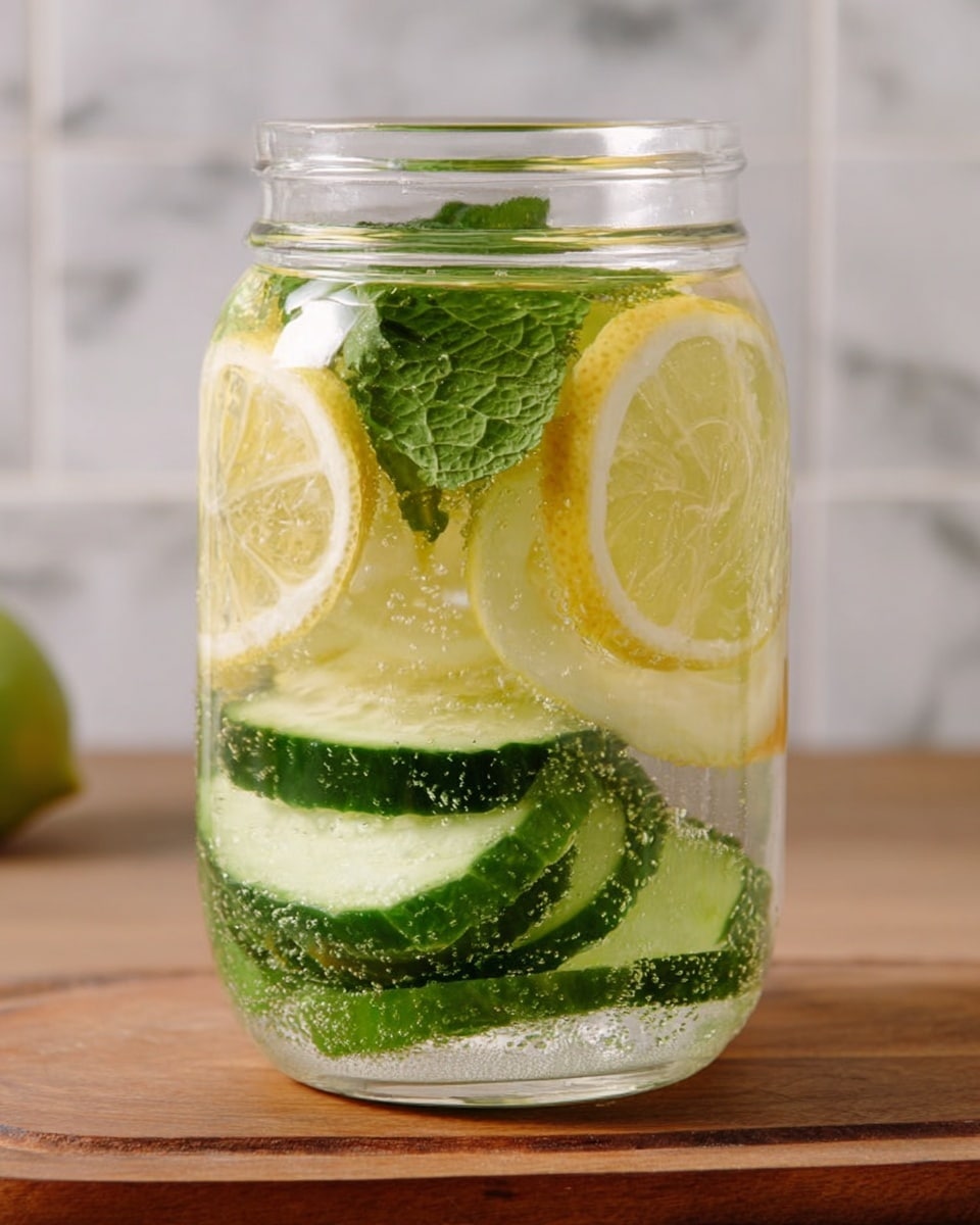 A clear glass jar filled with sparkling water shows four visible layers: at the bottom, a few fresh green mint leaves with detailed veins and texture; above them, two thick slices of bright green cucumber placed side by side; then a layer with one large, thin lemon slice with a vibrant yellow rind and a white center with a visible citrus pattern; all surrounded by tiny bubbles clinging to the ingredients and rising through the sparkling water. The jar sits on a light brown wooden surface with a white marbled texture in the background. Photo taken with an iphone --ar 4:5 --v 7