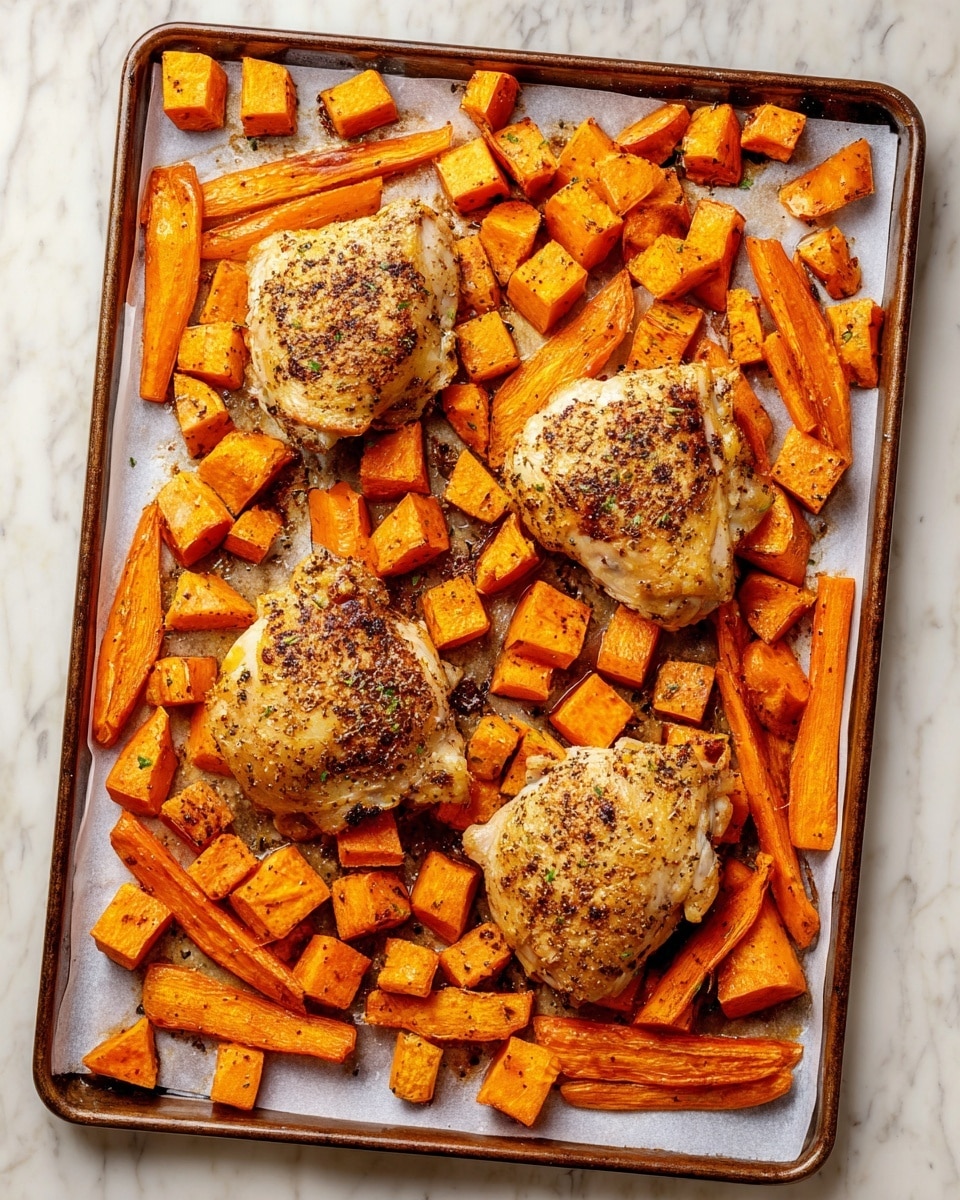 A baking sheet lined with white parchment paper holds a roasted dish made of four golden-brown seasoned chicken thighs placed evenly across the tray. Around them are bright orange carrot sticks and cubed sweet potatoes, all with a slightly shiny, baked texture, speckled with black pepper and herbs. The chicken pieces have a textured, crispy skin, contrasting with the smooth and firm vegetable pieces. The tray sits on a white marbled surface. photo taken with an iphone --ar 4:5 --v 7