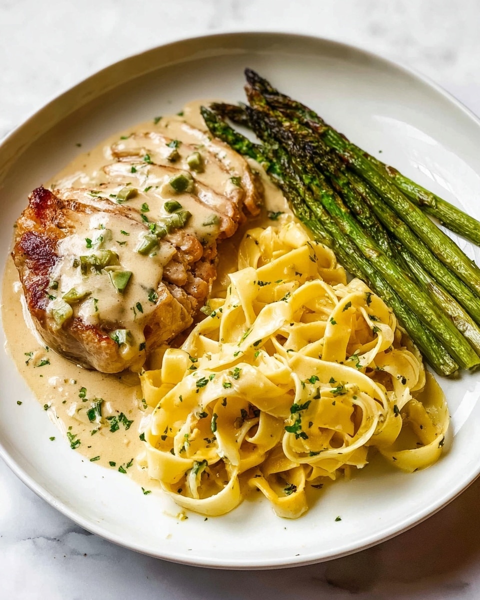 The dish shows one golden-brown cooked chicken piece covered with a light creamy sauce with tiny green herbs and onion slices on top; next to it is a portion of wide, flat yellow pasta sprinkled with chopped green herbs, slightly folded and piled; arranged on the side are several bright green grilled asparagus spears with a slightly charred texture, all served on a large white plate on a white marbled surface. photo taken with an iphone --ar 4:5 --v 7