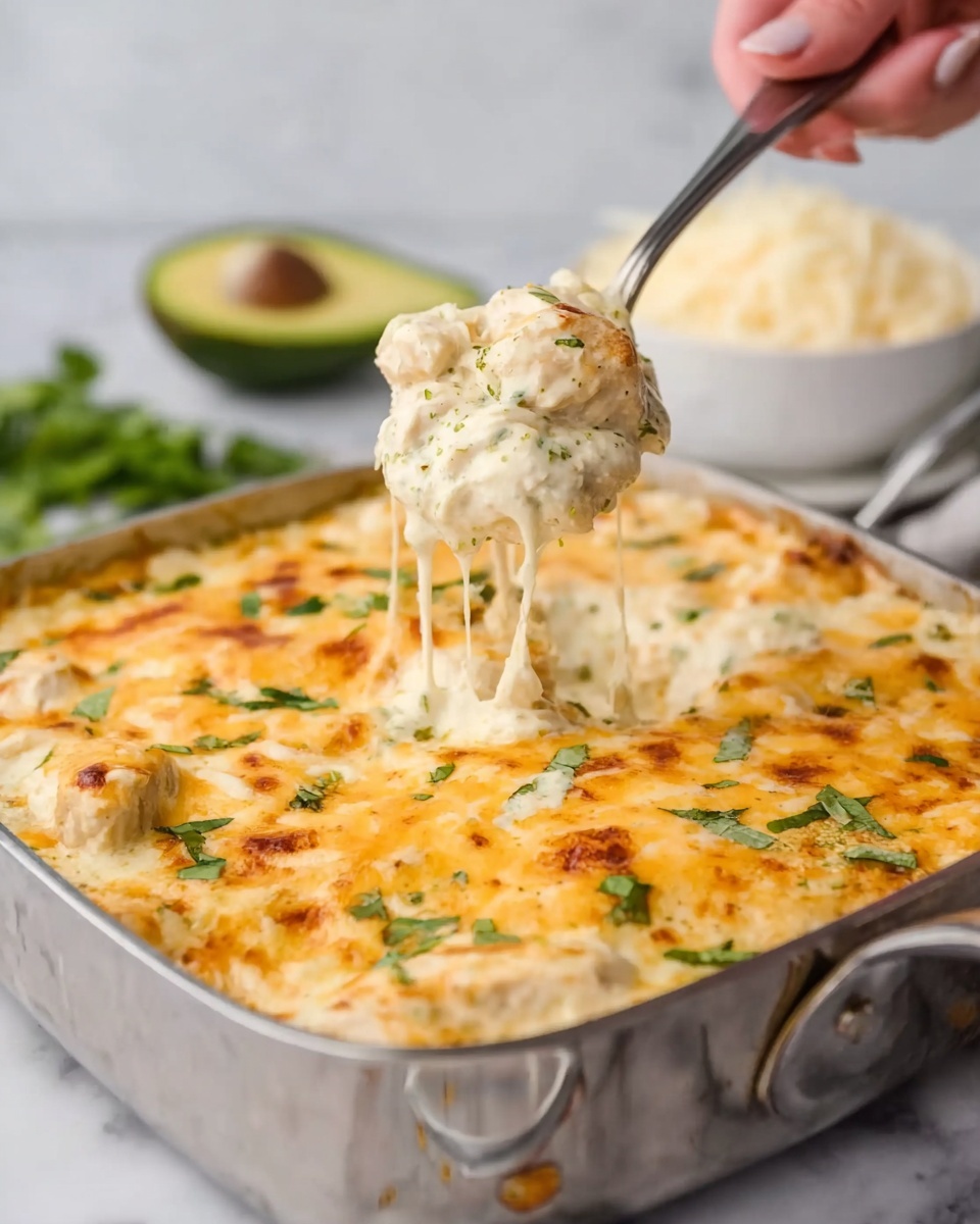 A close-up view of a metal pan filled with creamy, cheesy chicken bake. The top layer is golden brown with melted cheese and small green leaves sprinkled on it. A woman's hand holds a silver spoon, lifting a thick scoop of the cheesy chicken mixture from the pan, showing the smooth, creamy texture with chunks of white chicken inside. Behind the pan, there is a bowl of white shredded cheese and a white plate with half a green avocado. The surface under everything is white marble with soft veining, creating a clean look. Photo taken with an iphone --ar 4:5 --v 7