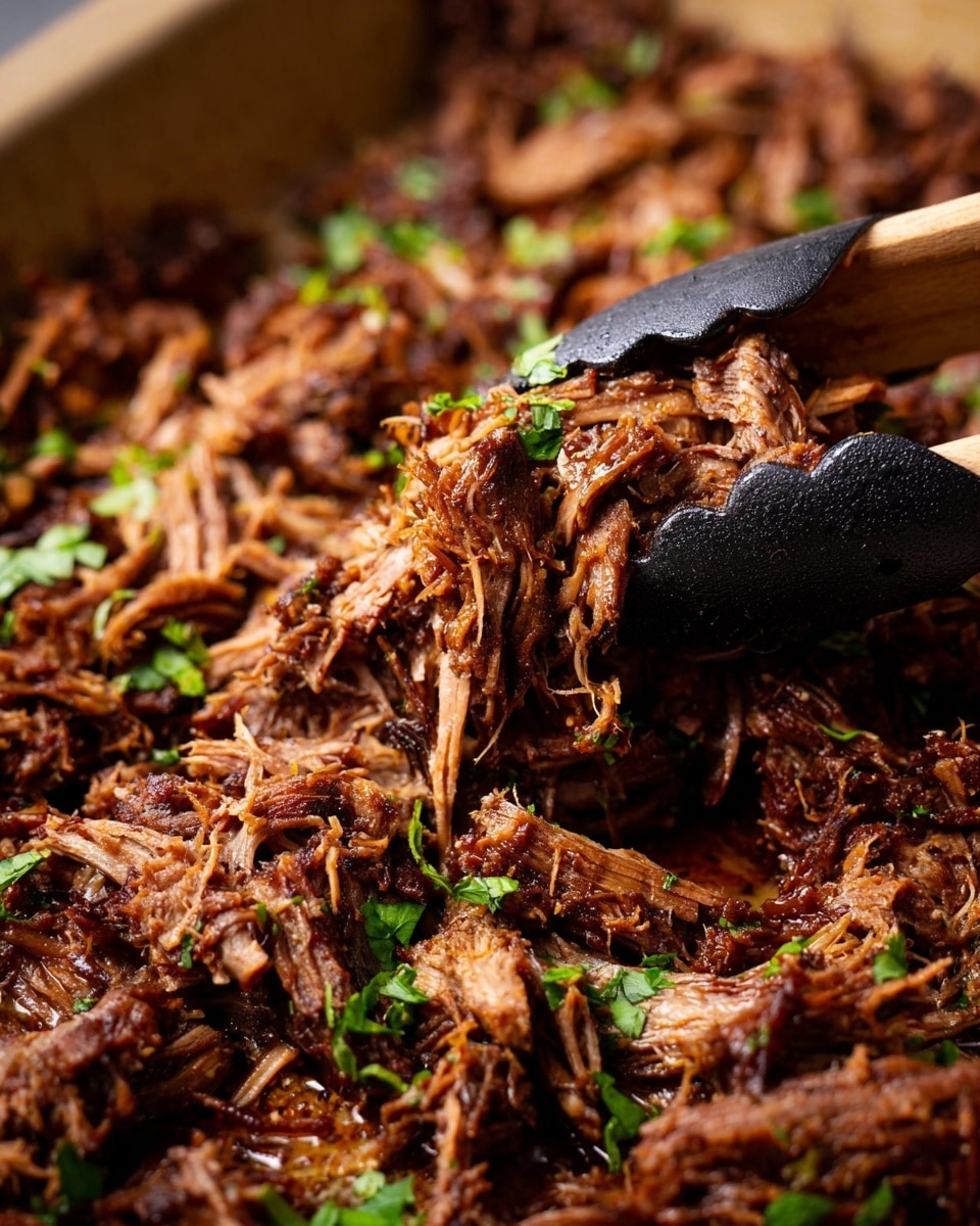A close-up view of shredded cooked meat with a rich brown color and crispy edges, piled in a shallow light brown pan. Small pieces of fresh green herbs are sprinkled on top. A pair of black and wooden tongs hold a portion of the meat above the pan, showing the tender and fibrous texture. The background is blurred, focusing on the detailed texture of the meat. photo taken with an iphone --ar 4:5 --v 7