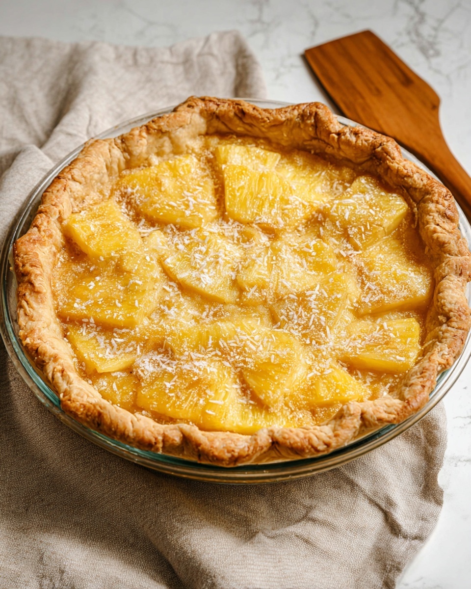 A round pie with a golden brown crust that is thick and folded over the edges, sprinkled lightly with coarse sugar. The top layer is a bright yellow pineapple sliced into large triangular pieces, covering the entire pie surface in a slightly overlapping pattern. There is a light sprinkle of white coconut flakes on top of the pineapple slices. The pie is in a clear glass dish, resting on a textured beige cloth with a wooden spatula placed behind it, all set on a white marbled surface. Photo taken with an iphone --ar 4:5 --v 7