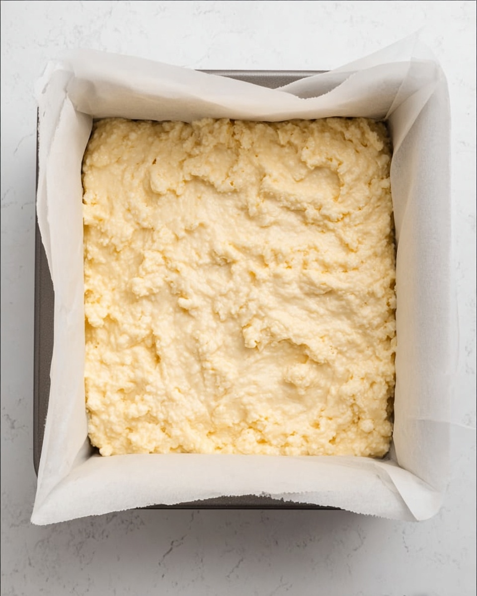 A white square baking pan lined with white parchment paper is filled evenly with a thick, rough-textured batter. The batter is pale creamy yellow and slightly lumpy, covering the entire base and reaching the edges of the parchment paper inside the pan. The pan sits on a white marbled surface, the texture of the batter looks soft and moist but firm enough to hold its shape. photo taken with an iphone --ar 4:5 --v 7
