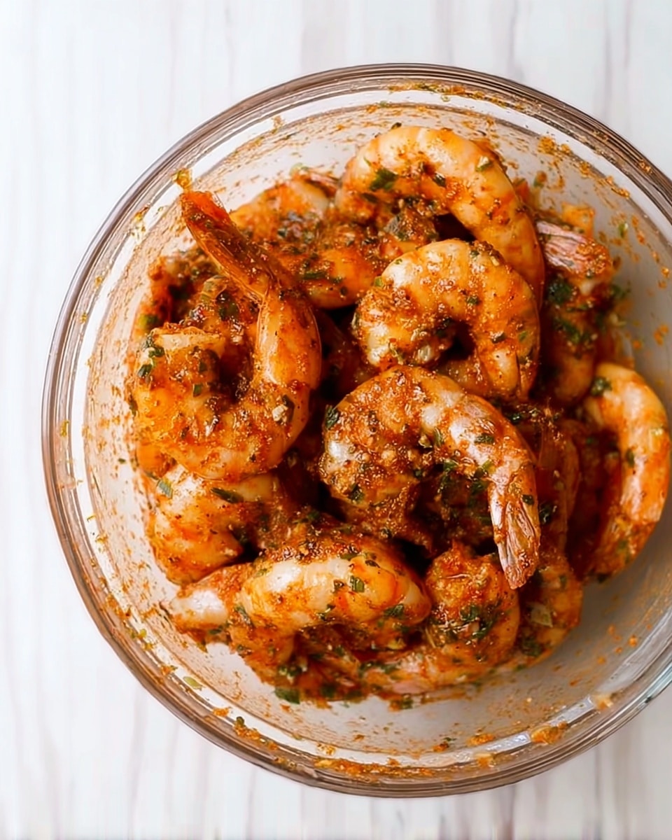 A clear glass bowl filled with raw shrimp covered in a reddish-orange spice mix with green herb bits mixed in. The shrimp are curled and have a slightly shiny, moist texture from the seasoning. The bowl is placed on a white marbled surface. photo taken with an iphone --ar 4:5 --v 7