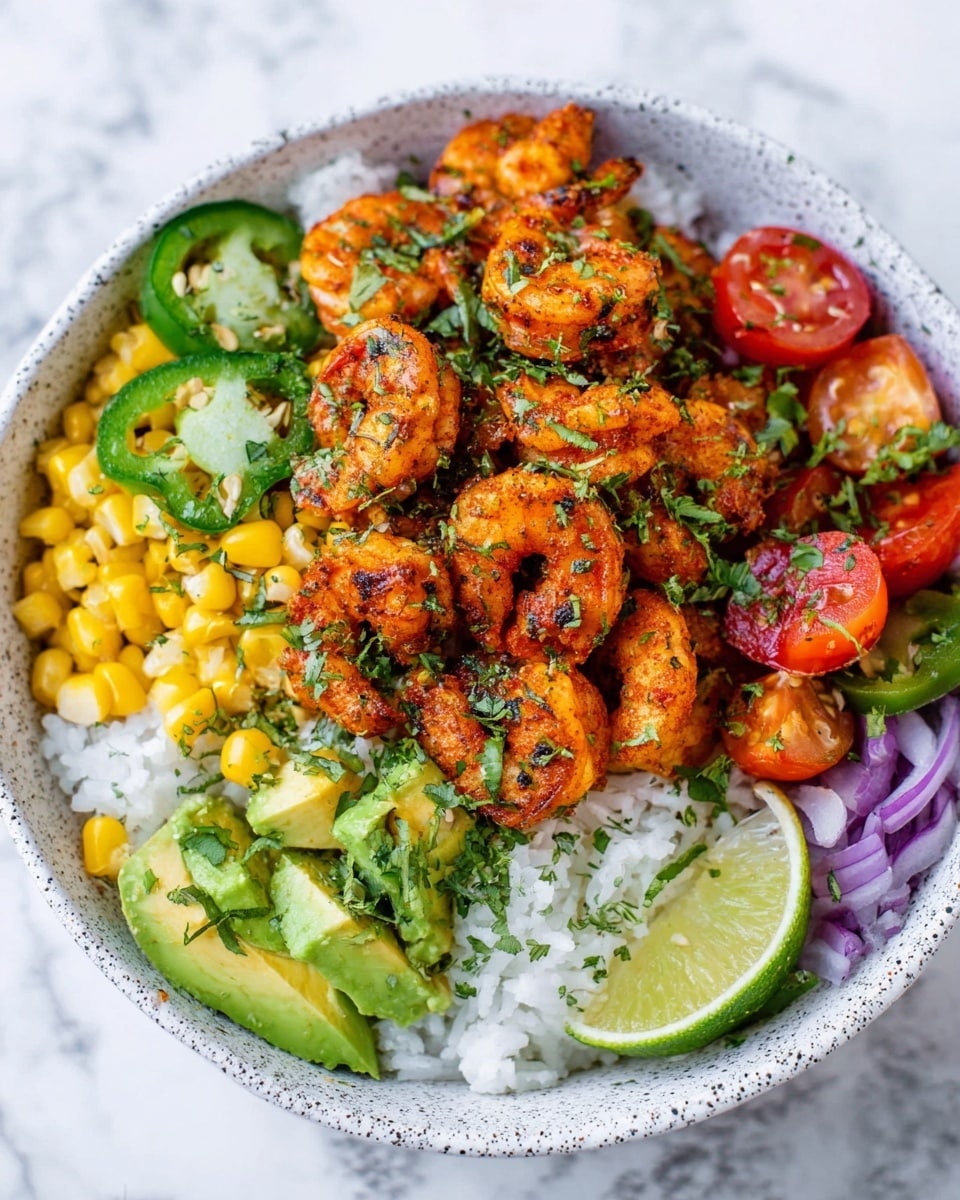A white speckled bowl sits on a white marbled surface filled with layers of food, starting with a base of white rice at the bottom. On top of the rice are slices of green jalapeño peppers and bright yellow corn kernels scattered on one side. Fresh green avocado slices and round cherry tomato halves are placed around the edge, along with small pieces of purple onion. The main focus on top is a pile of cooked shrimp seasoned with red spices and garnished with fresh chopped green herbs. A wedge of lime rests near the shrimp, adding a fresh touch. Photo taken with an iphone --ar 4:5 --v 7
