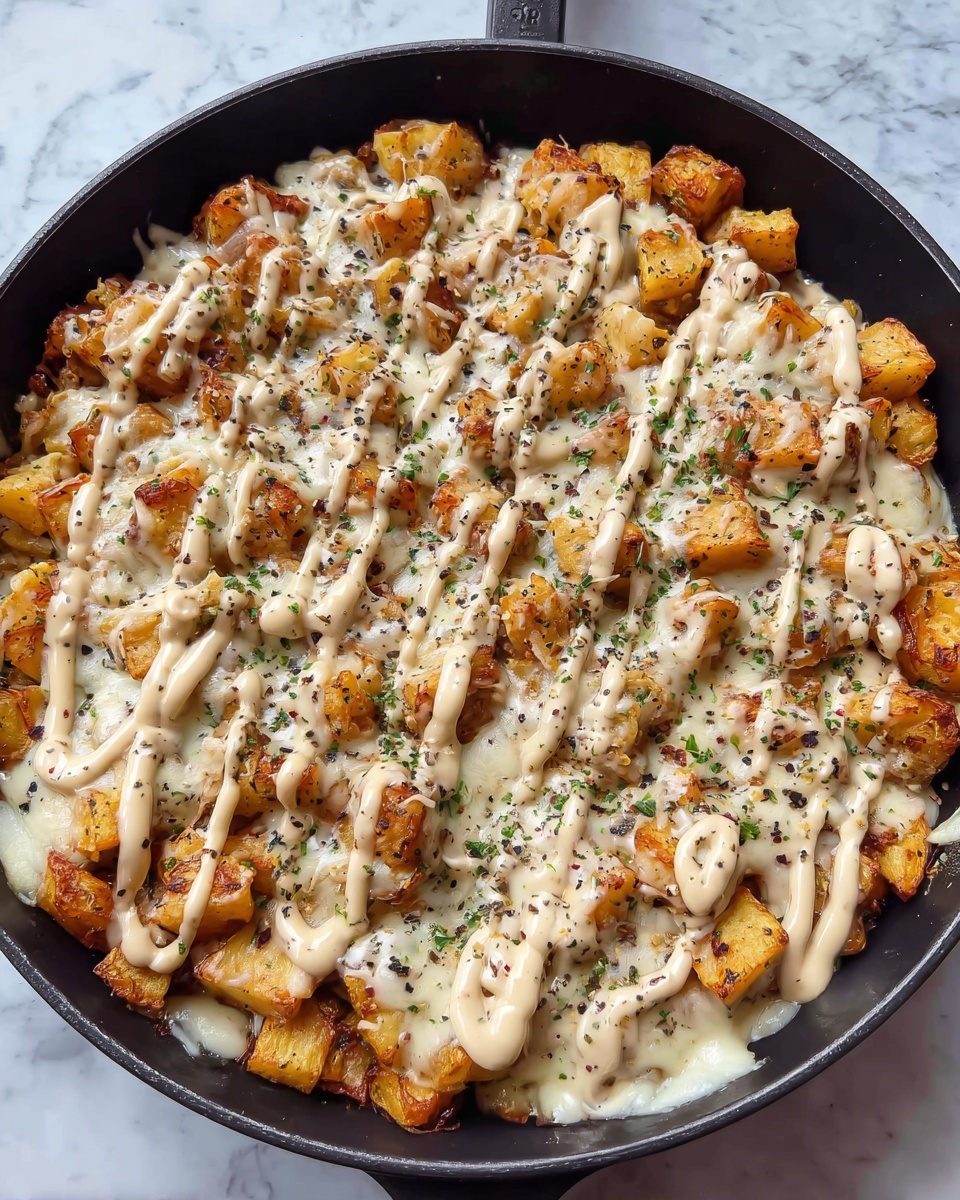 A black pan filled with a base layer of small, golden-brown, crispy diced potatoes spread evenly. On top, a thick layer of melted white cheese covers the potatoes almost fully, giving a creamy texture with some browned spots. Over the cheese, there are long, uneven lines of a beige sauce with black pepper flakes, drizzled from side to side across the dish. Small green herbs are sprinkled lightly all over, adding touches of color. The pan sits on a white marbled surface. Photo taken with an iphone --ar 4:5 --v 7