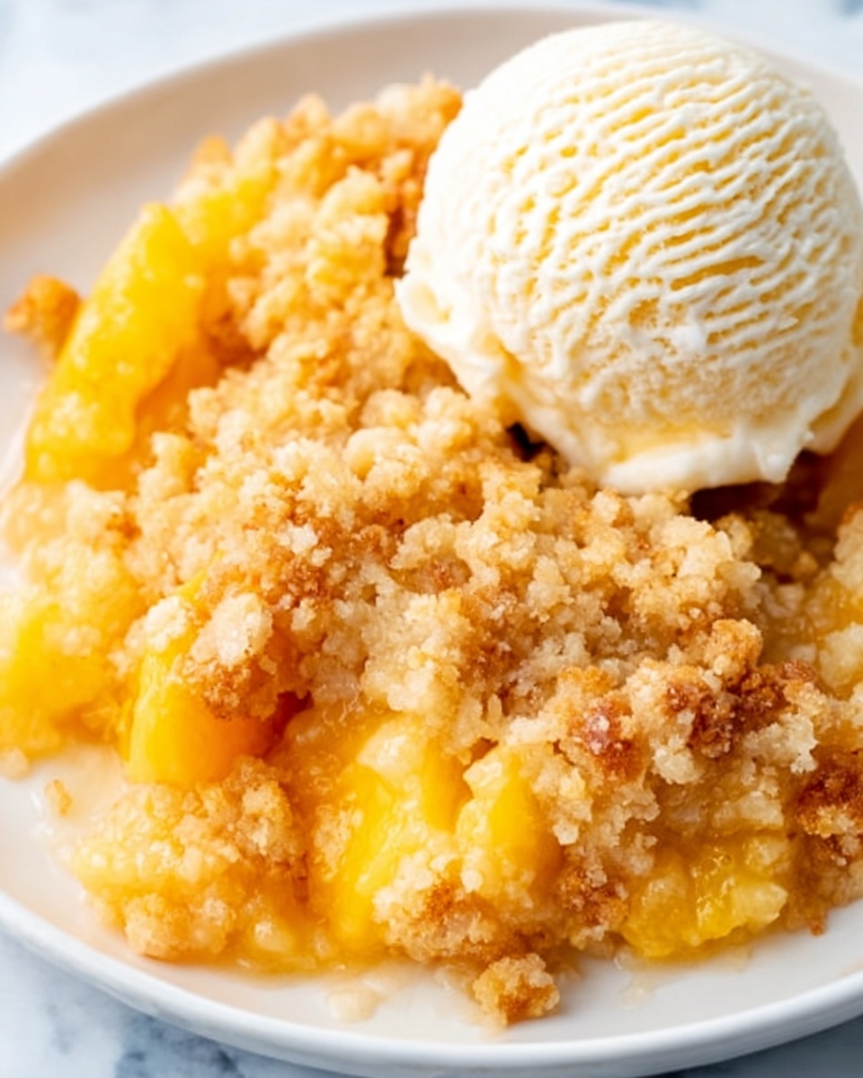 A close-up image of a white plate on a white marbled surface filled with a warm peach crumb dessert. The dish has two layers: the bottom layer is soft, orange-yellow cooked peach pieces, and the top layer is a crumbly, golden brown streusel with a rough texture. On the right side of the dessert, there is a smooth, round scoop of vanilla ice cream with fine ridges from the scoop tool. photo taken with an iphone --ar 4:5 --v 7