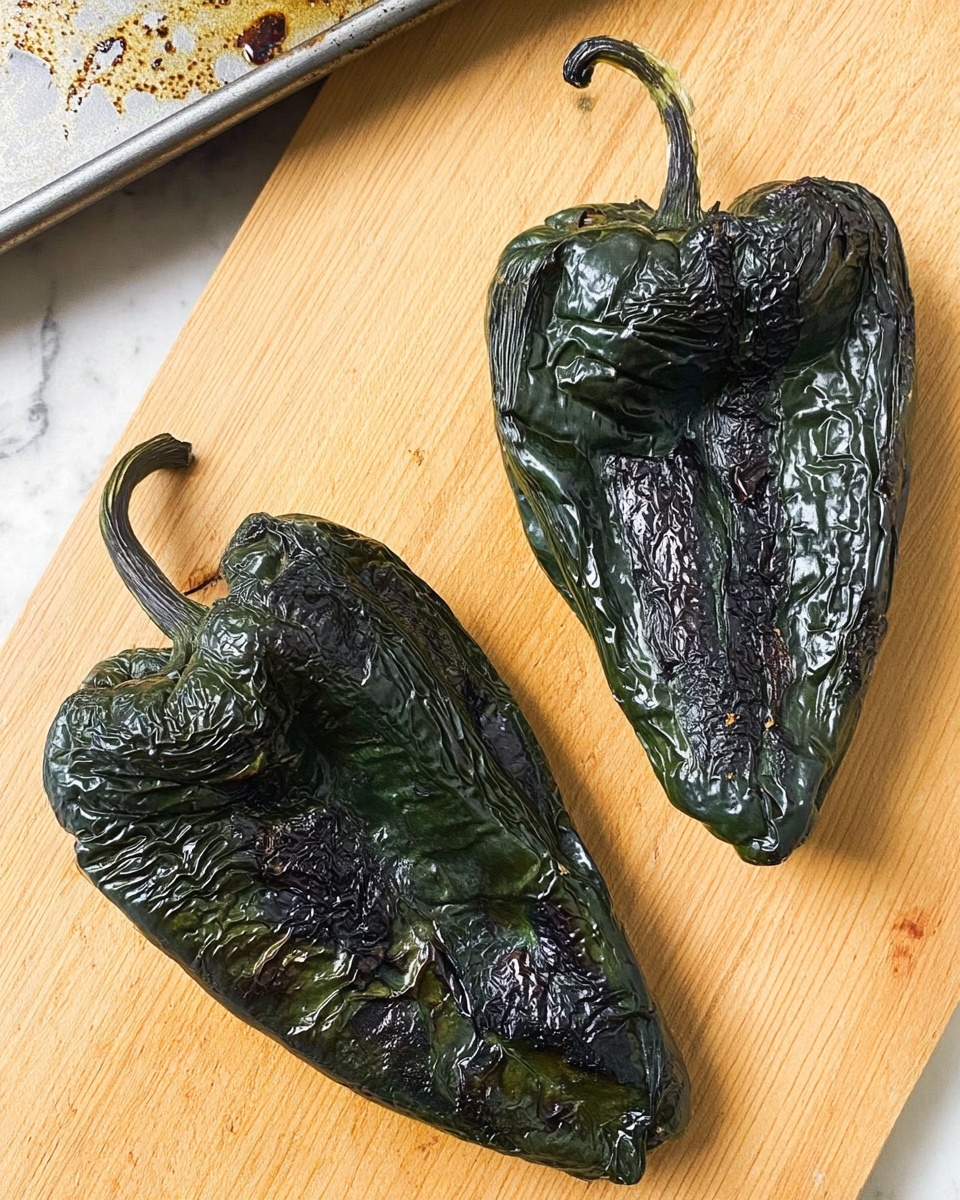 Two large roasted poblano peppers with dark green, wrinkled, and shiny skin lie flat on a light wood cutting board. Both peppers have slightly charred areas showing deep black patches. One pepper is positioned on the left side of the image with its stem pointing left, and the other pepper is on the right with its stem pointing up. In the top left corner, part of a metal baking tray with some stains is visible. The background is a white marbled texture photo taken with an iphone --ar 4:5 --v 7