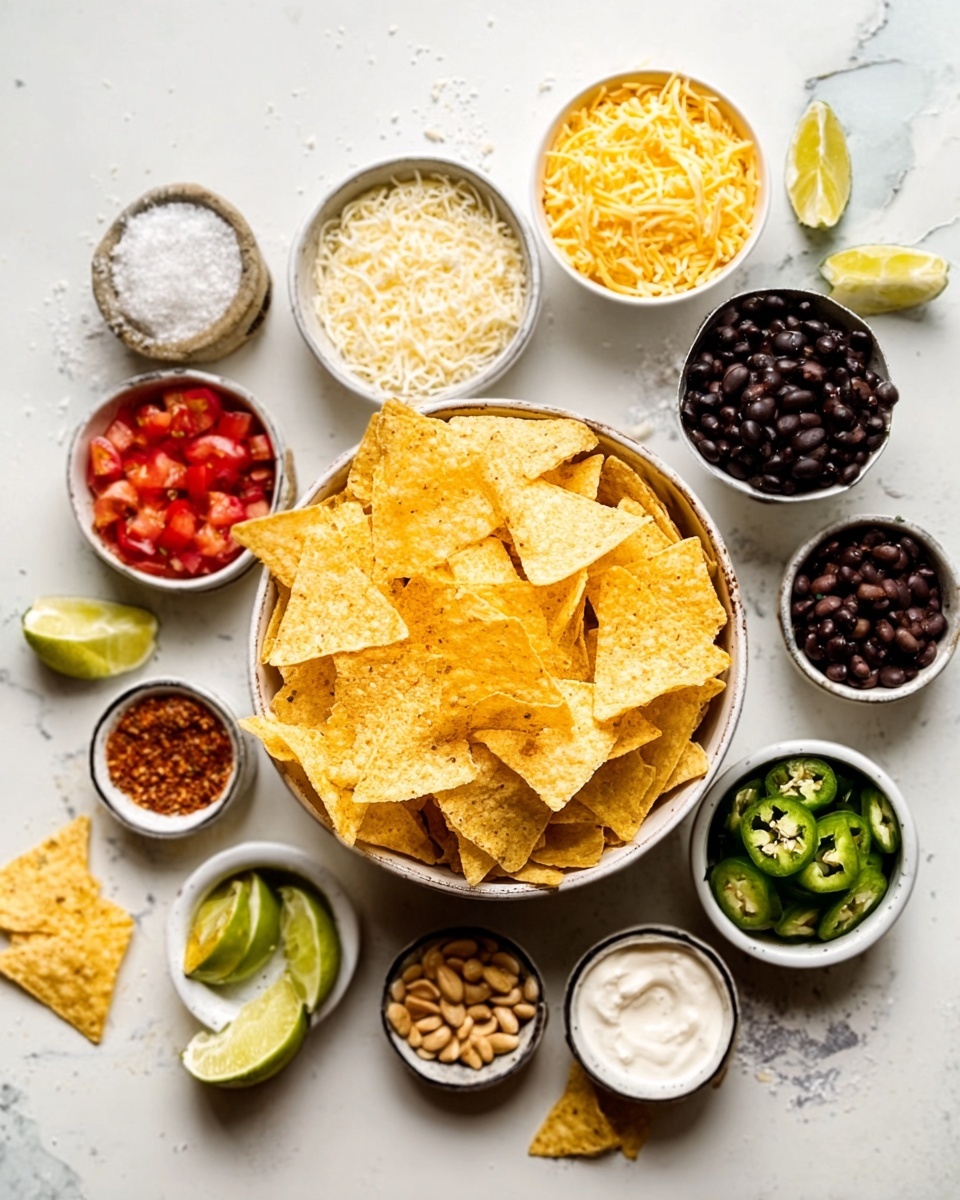 A white bowl filled with yellow, crispy tortilla chips sits in the center of the image, surrounded by smaller white bowls arranged around it. These smaller bowls contain shredded pale yellow cheese, black beans, white rice, chopped peanuts, a red powder spice, sliced green jalapeños, diced red tomatoes, whole black beans, a white creamy sauce, and lime wedges. All the bowls are placed on a white marbled surface with space between them, creating a bright and fresh look. photo taken with an iphone --ar 4:5 --v 7