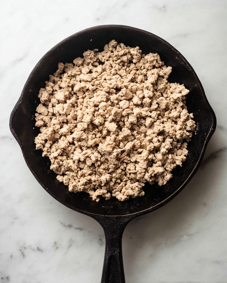 A black cast iron pan filled with light brown cooked ground meat, broken into small, crumbly pieces, evenly spread across the pan. The pan has a handle extending to the right. It sits on a white marbled surface. photo taken with an iphone --ar 4:5 --v 7