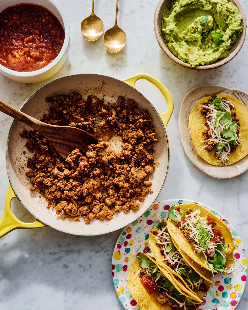 A white skillet pan with yellow handles is filled with cooked, crumbly brown seasoned meat, with a wooden spoon resting inside it. To the left, a small white bowl holds red salsa with a gold spoon inside. On the top right, a white bowl has chunky green guacamole with a gold spoon. At the bottom right, a white plate with colorful dots holds three tacos layered with flour tortillas, brown seasoned meat, shredded cheese, green onion slices, and cilantro, with some red salsa on top. The whole setup is on a white marbled surface. photo taken with an iphone --ar 4:5 --v 7