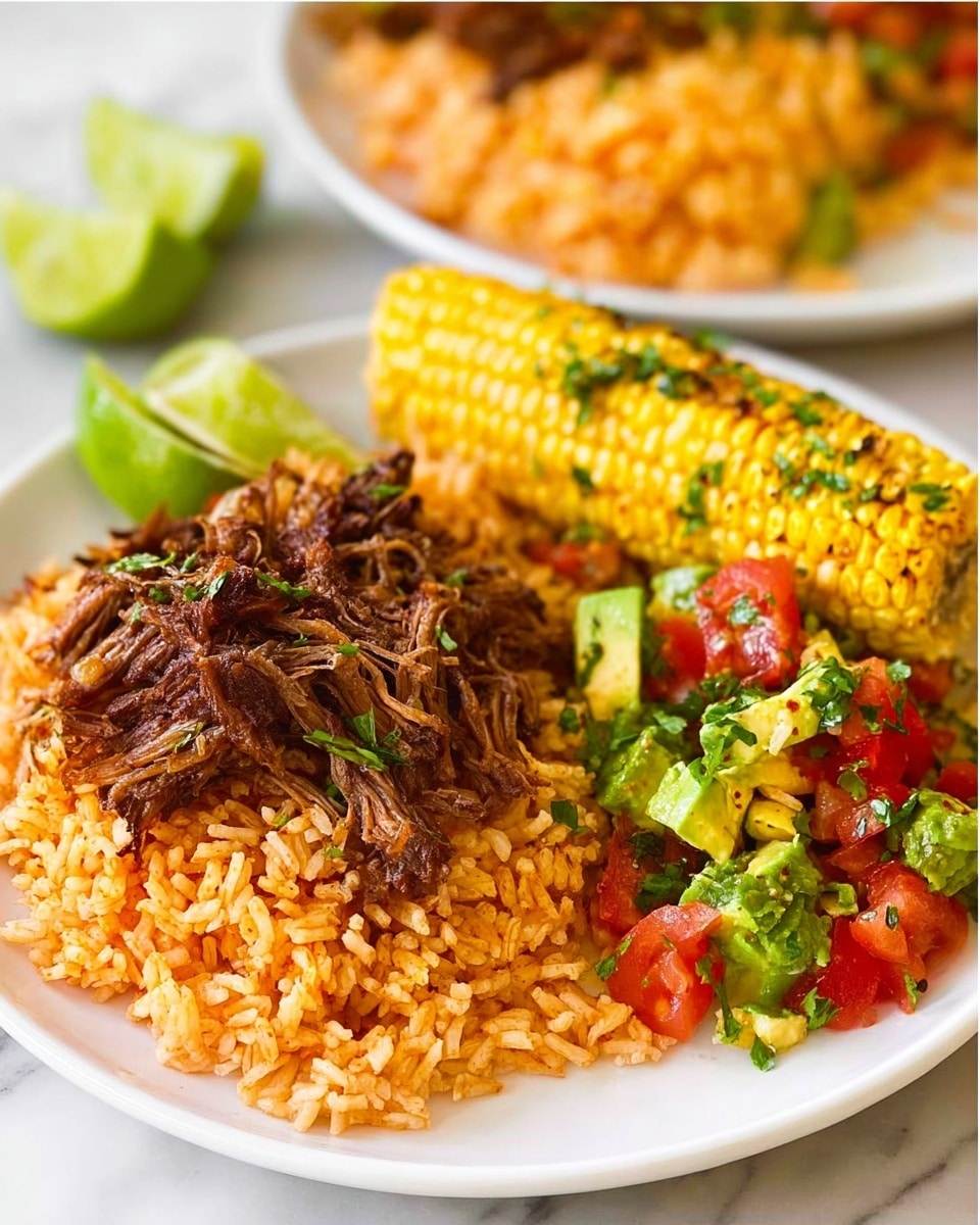 A white plate holds a layered dish with fluffy orange rice as the base layer, topped with shredded dark brown meat. To the right of the meat is a vibrant salad made of green avocado pieces, bright red tomato chunks, and fresh green herbs. Behind the salad, there is a yellow corn cob with some herbs sprinkled on it, and two green lime wedges sit to the left side of the plate. The overall look is colorful and fresh, with the white marbled surface visible under the plate. Photo taken with an iphone --ar 4:5 --v 7