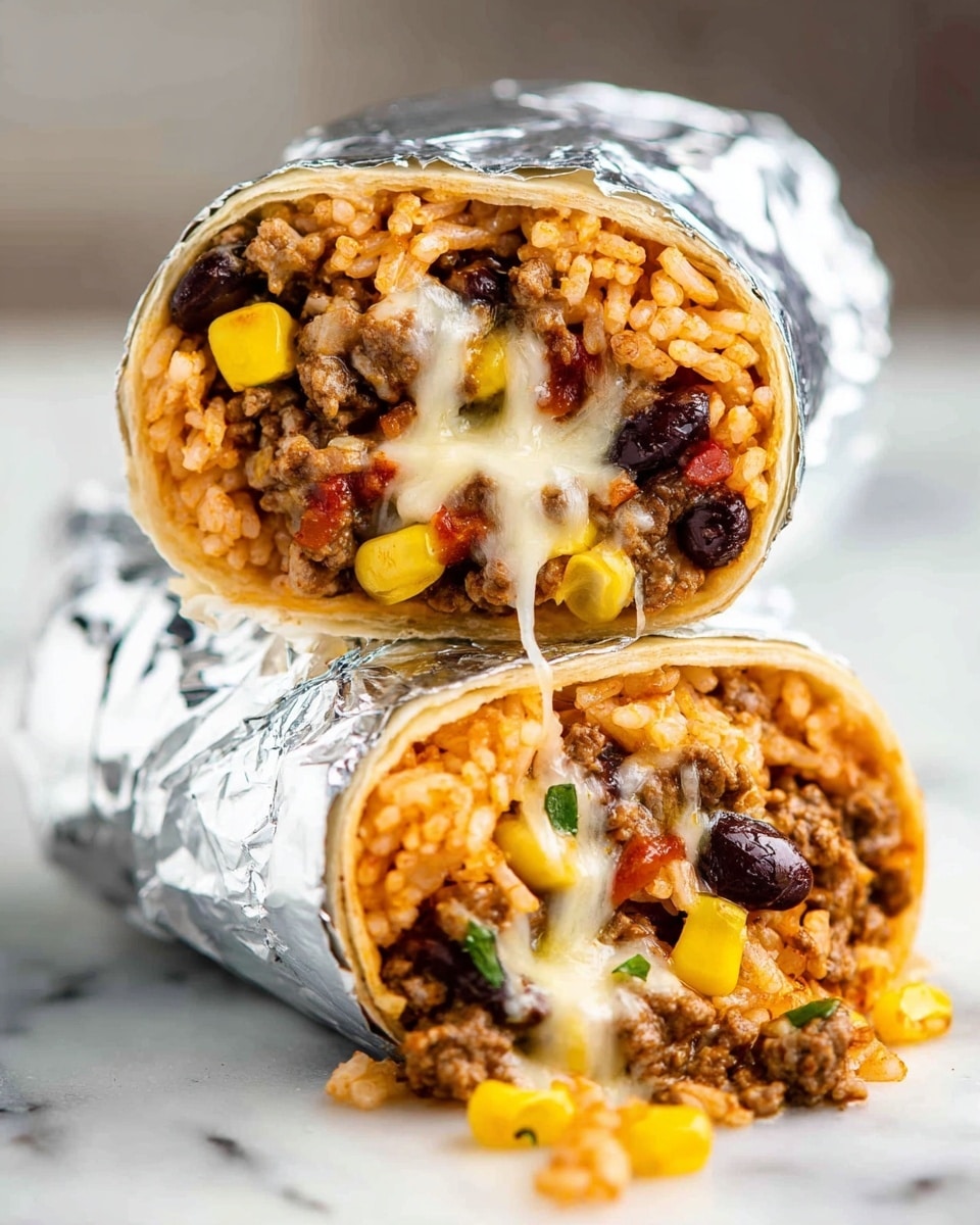 The image shows a burrito cut in half and stacked, wrapped in shiny aluminum foil with one half resting on top of the other. Inside, there are visible layers of fluffy orange rice, dark beans, melted white cheese stretching between the halves, yellow corn kernels, and crumbly brown ground meat mixed with small bits of red tomato, all packed tightly together. Some of the filling is spilling slightly from the bottom half, resting on a white marbled surface. The background is blurred, keeping the focus on the burrito. photo taken with an iphone --ar 4:5 --v 7