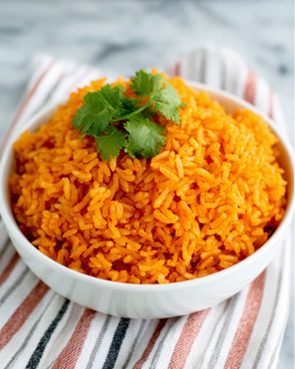 A white bowl filled with fluffy orange rice that looks soft and moist, with each grain clearly visible. On top of the rice, there is a small bunch of fresh green cilantro leaves placed neatly for color contrast. The bowl sits on a white marbled surface with a striped cloth underneath partly visible. The rice layer fills the bowl completely, showing texture and slight steaming effect. Photo taken with an iphone --ar 4:5 --v 7