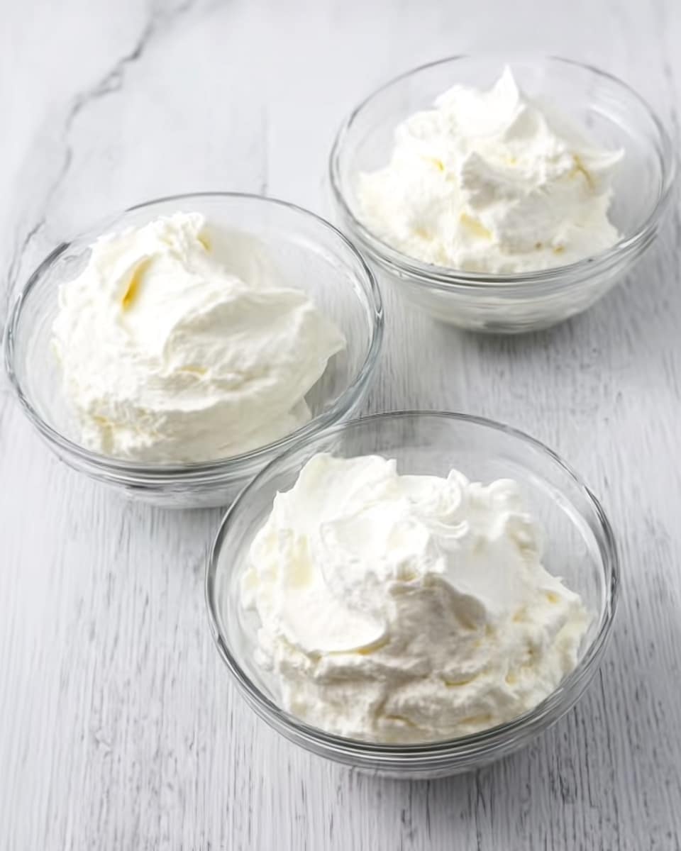 Three small clear glass bowls filled with soft, white whipped cream sit on a white marbled surface. Each bowl holds a fluffy texture of cream with gentle peaks and swirls visible on top. The bowls are evenly spaced, with two at the top and one below them, forming a triangle. The light reflects softly on the glass and cream, highlighting the smoothness and richness of the whipped cream photo taken with an iphone --ar 4:5 --v 7