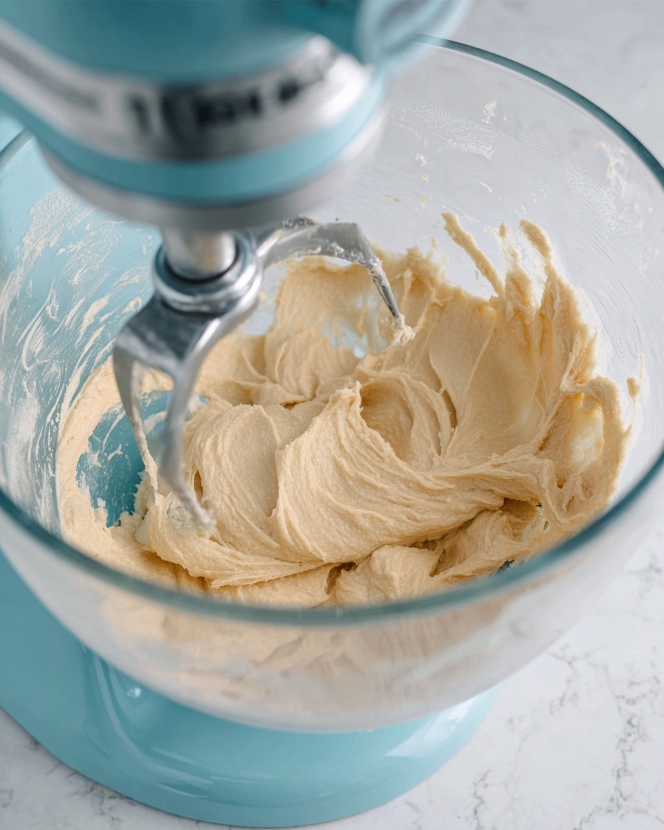 A clear glass mixing bowl filled with creamy, light beige dough being mixed by a metal paddle attachment from a light blue stand mixer. The dough has a smooth, thick texture with swirls and folds made by the mixing paddle. The bowl sits on a white marbled surface with a slight sheen, and the scene focuses closely on the dough and the mixer attachment. Photo taken with an iphone --ar 4:5 --v 7