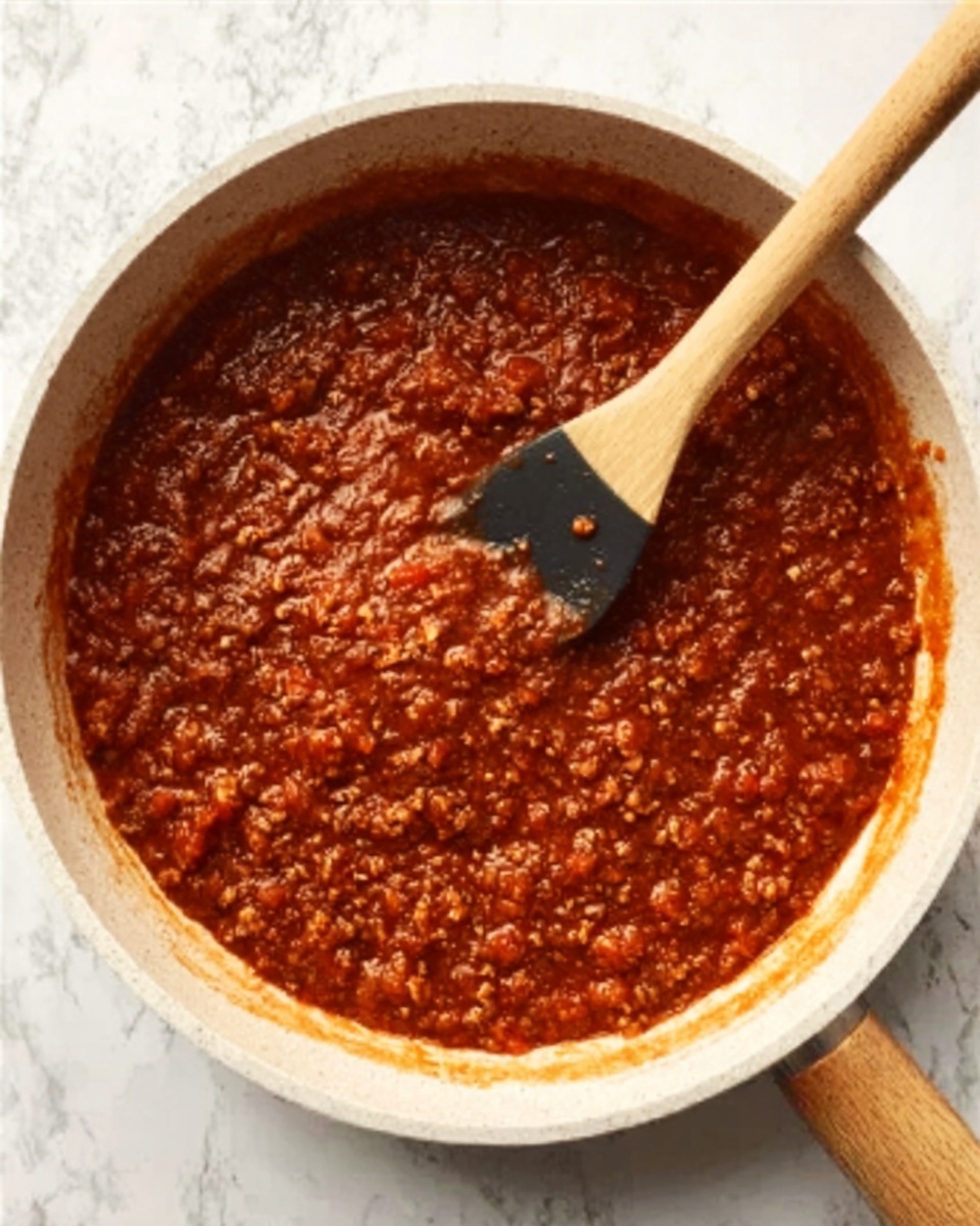 A white non-stick pan filled with thick red-brown sauce, with visible small chunks that suggest finely chopped ingredients. A wooden spoon with a black scoop rests inside the pan, slightly submerged in the sauce near the center, showing some of the sauce coating it. The pan is positioned on a white marbled surface. Photo taken with an iphone --ar 4:5 --v 7