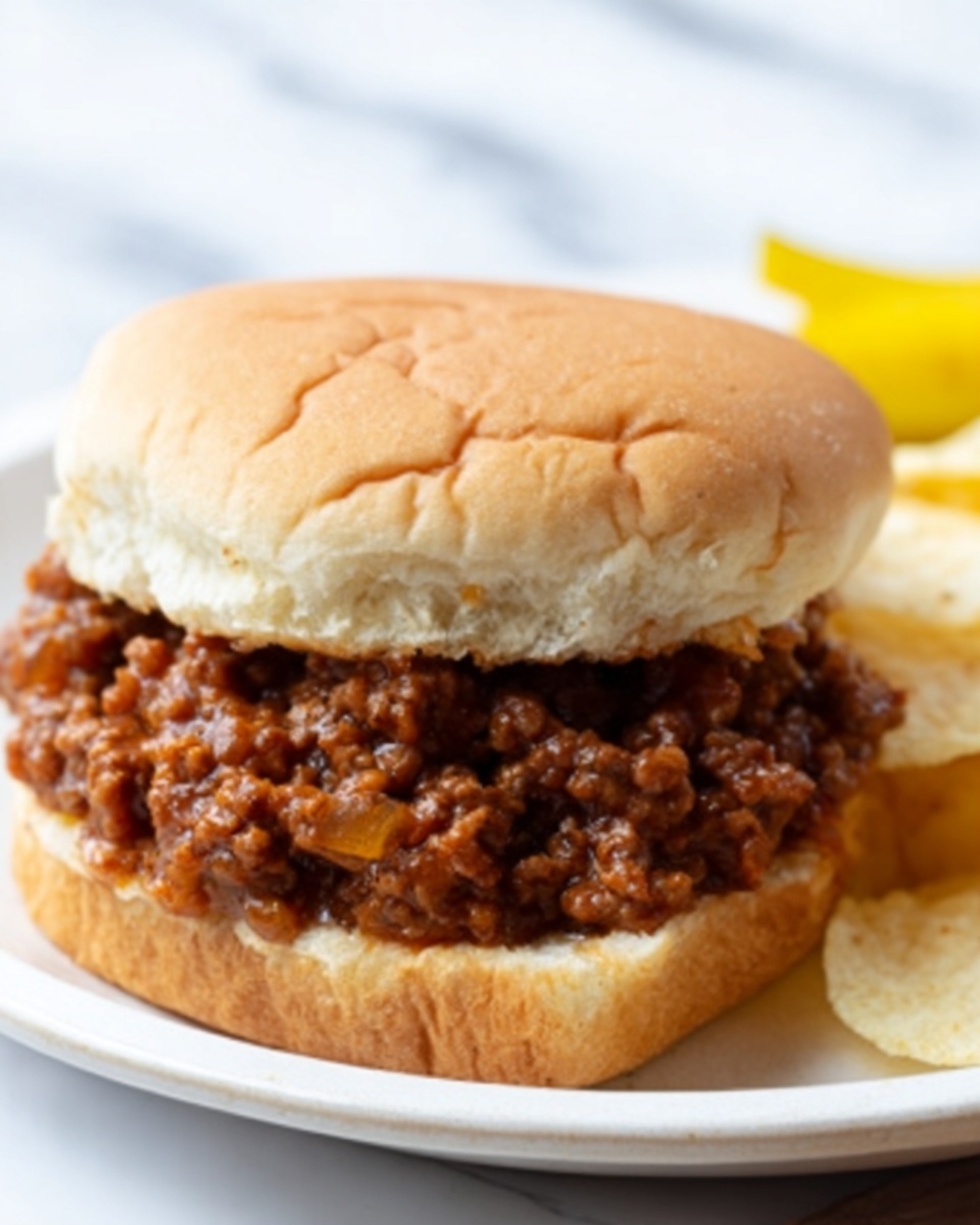 A sloppy joe sandwich on a white soft bun sits on a white plate with a white marbled surface below. The sandwich has two layers: the bottom layer is the base bun, soft and light brown with a slightly cracked top, and the top layer is the sloppy joe filling made of cooked ground meat in a rich brown sauce with small bits of onions and peppers visible, spilling slightly over the sides. The top bun rests lightly on the filling, showing the texture of the soft bread. Next to the sandwich, there are a few pale yellow potato chips and a bright yellow pepper visible at the edge of the plate. The background is clean with a white marbled texture. Photo taken with an iphone --ar 4:5 --v 7
