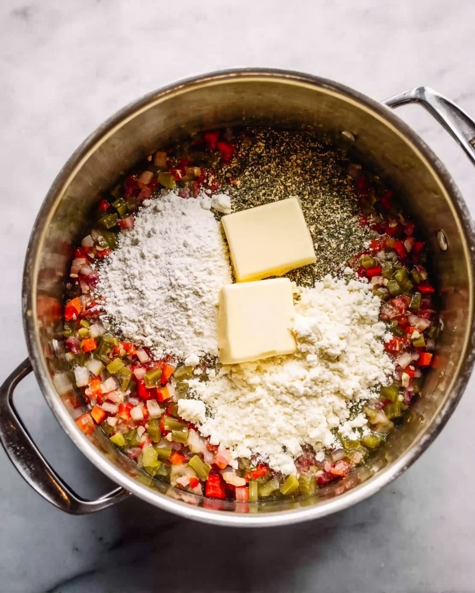 A large metal pot sits on a white marbled surface, filled with a mix of ingredients. The bottom layer shows small, diced red and green vegetables scattered evenly around the pot. There are three distinct piles of white flour placed on top of the vegetables at different points around the pot. In the center, two small rectangular pats of pale yellow butter slowly melt, creating a slightly shiny texture. The pot’s handles frame the scene on each side. The overall look is a mix of rough, soft, and powdery textures in bright red, green, white, and yellow colors. photo taken with an iphone --ar 4:5 --v 7