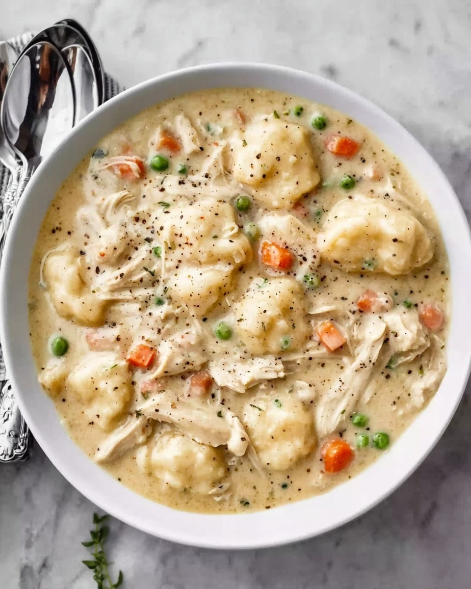 A large white bowl filled with creamy chicken and dumplings, showing several fluffy, off-white dumplings floating in a thick, pale beige sauce. Shredded pieces of tender, light brown chicken are spread throughout the sauce. Small bright orange carrot cubes and green peas add pops of color, scattered across the dish. The sauce has a smooth and slightly glossy texture with visible black pepper specks sprinkled on top. The bowl is placed on a white marbled surface, with a spoon and fork set beside it. photo taken with an iphone --ar 4:5 --v 7