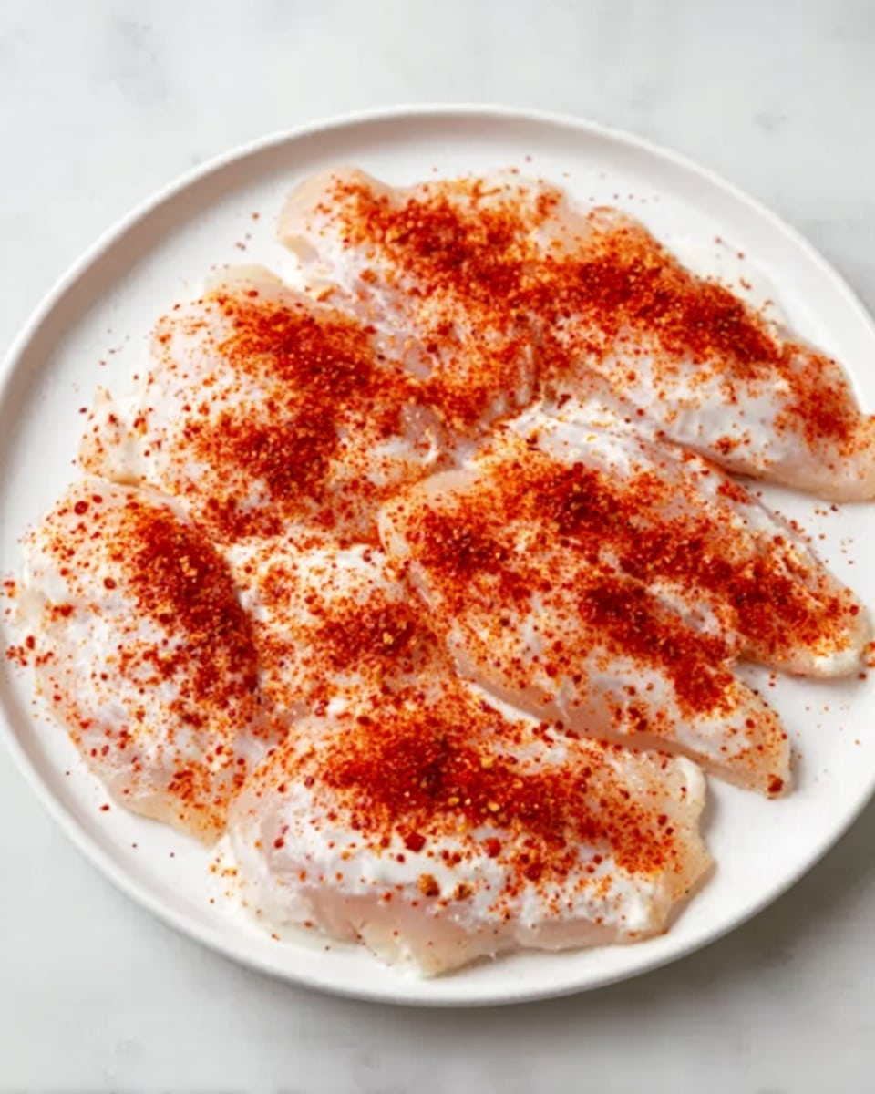 A white round plate sits on a white marbled surface, holding four raw chicken fillets spread out flat. Each fillet is covered with a soft layer of white creamy sauce, and they are sprinkled evenly with bright red chili powder, creating a contrast of red and white colors. The texture of the sauce looks smooth and thick, while the chili powder adds a slightly grainy look. The plate fills most of the image, showing details of the sauce and chili on top of the chicken fillets. photo taken with an iphone --ar 4:5 --v 7