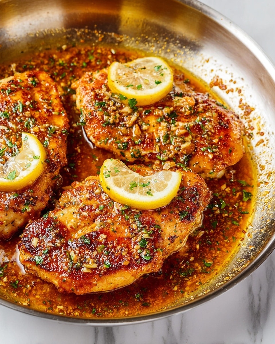 In a silver pan, there are three cooked pieces of chicken with a golden brown color and crispy edges, covered in a shiny sauce with small bits of garlic and chopped green herbs sprinkled all over. Two thin slices of lemon sit on the chicken, adding a fresh yellow contrast. The sauce appears rich and slightly oily, pooling around the chicken on the pan's surface, which has some browned spots from cooking. The background shows a white marbled texture. photo taken with an iphone --ar 4:5 --v 7