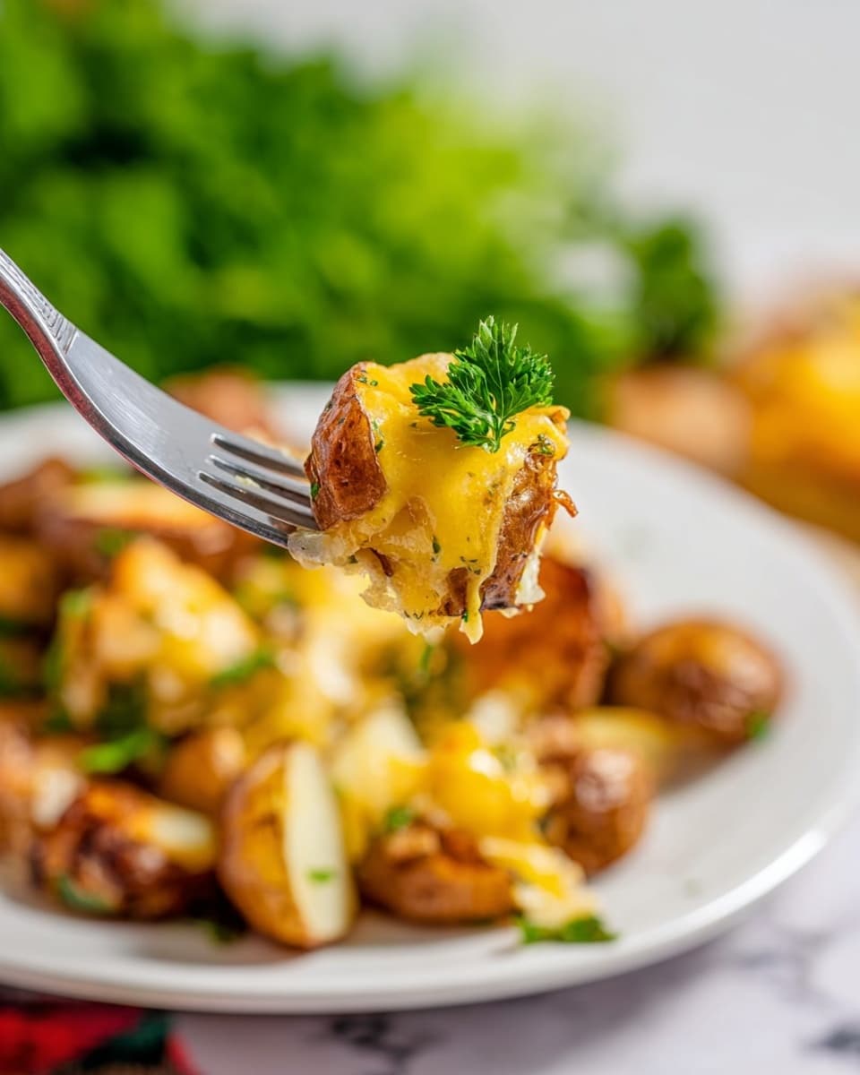 A close-up view of a fork holding a piece of roasted potato topped with melted yellow cheese and a small green parsley leaf, with more roasted potatoes covered in melted cheese on a white plate in the blurred background, all set on a white marbled surface with green leafy herbs visible softly out of focus behind the plate, photo taken with an iphone --ar 4:5 --v 7