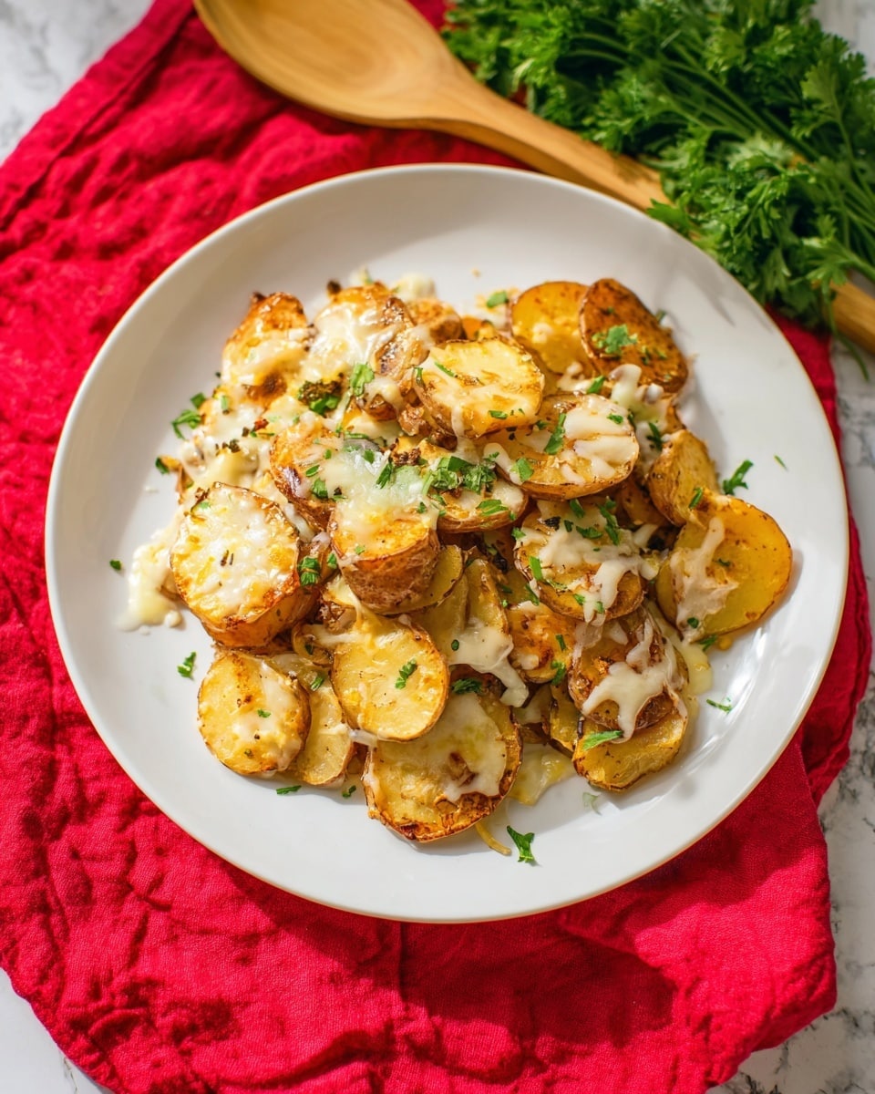 A white plate on a white marbled surface holds a pile of cooked potato slices with a golden-brown color, some pieces showing a crisp texture. The potatoes are topped with melted white cheese that is slightly stringy and scattered unevenly. Small bits of green herbs are sprinkled on top and around the edges, adding a fresh touch. In the background, a bunch of fresh parsley lies next to a wooden spoon, all placed on a bright red cloth with some wrinkles visible. The lighting is bright and natural, highlighting the warm tones of the dish. photo taken with an iphone --ar 4:5 --v 7