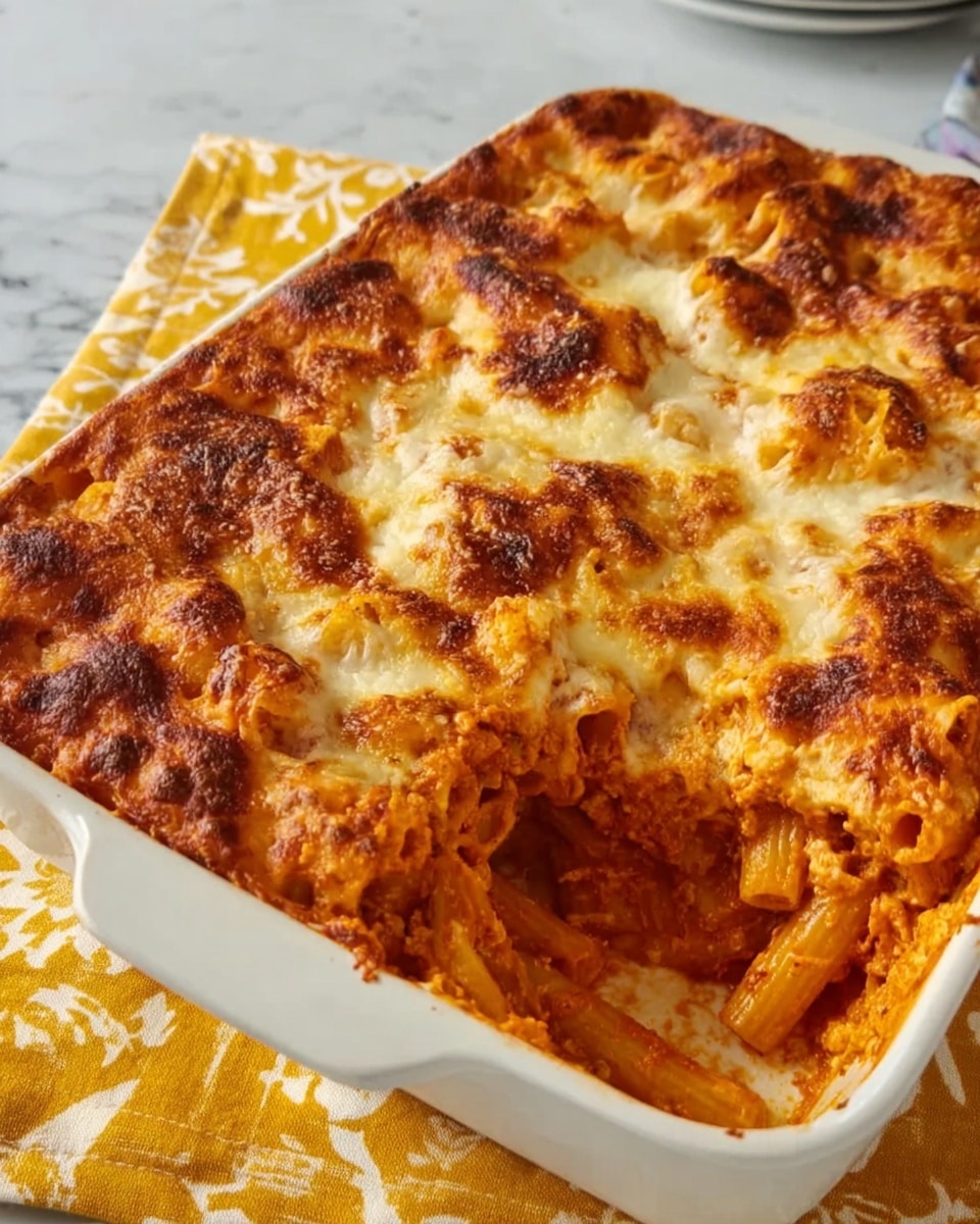 A white rectangular dish filled with baked pasta topped with a thick, bubbly golden-brown melted cheese layer, which has some darker toasted spots on top. The pasta beneath looks like rigatoni, coated in a rich red-orange tomato sauce, slightly visible where a portion has been scooped out, revealing layers of pasta and sauce underneath. The dish is placed on a yellow patterned cloth, on a white marbled textured surface. Photo taken with an iphone --ar 4:5 --v 7