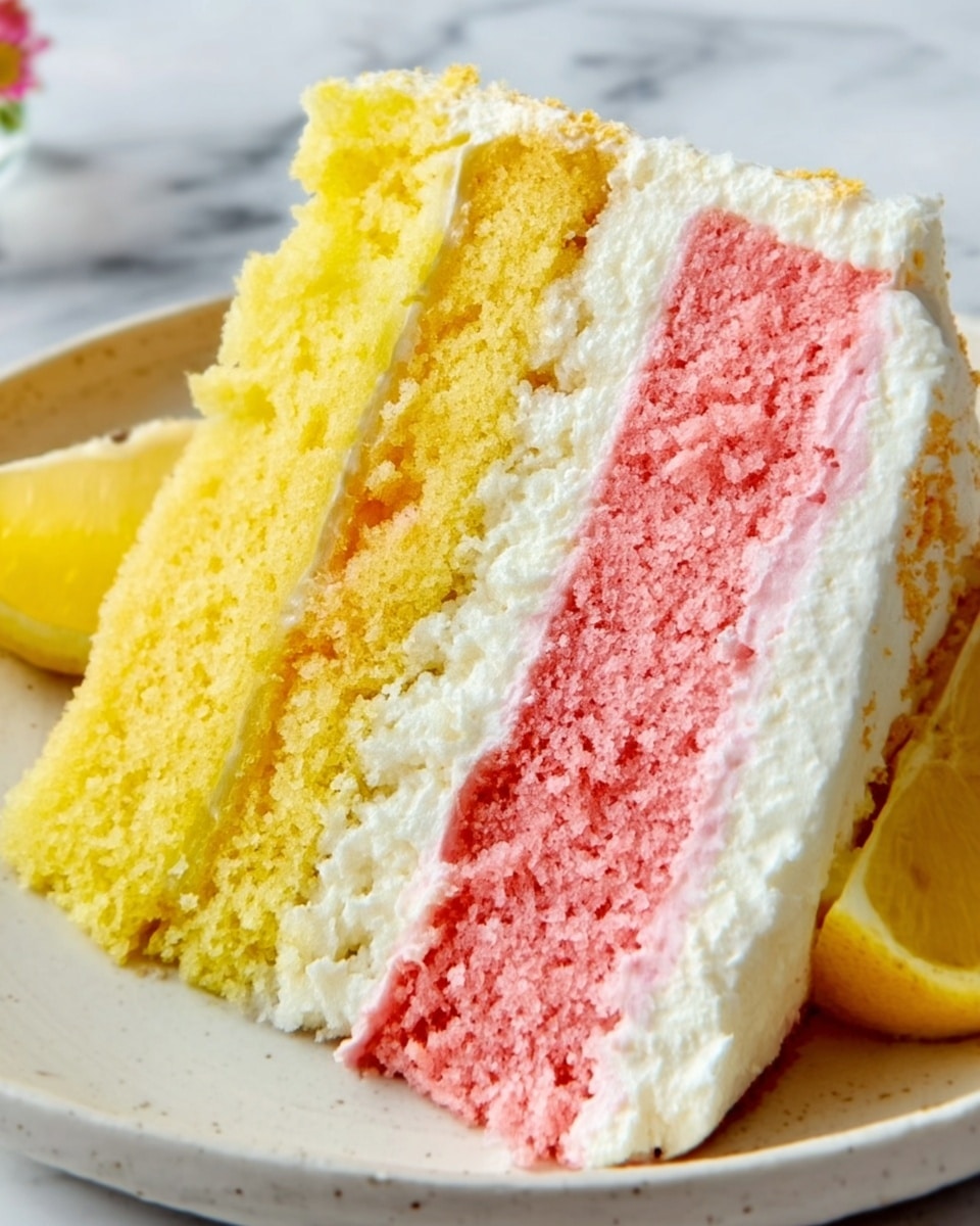 A close-up of a slice of three-layer cake on a white plate with a white marbled surface background. The bottom layer is yellow with a soft texture, topped with a thick layer of white cream. The middle layer is pink with a fluffy look, also separated by a layer of smooth white cream. The top layer is yellow, matching the bottom, with more white cream on top. A slice of lemon is visible beside the plate. Photo taken with an iphone --ar 4:5 --v 7