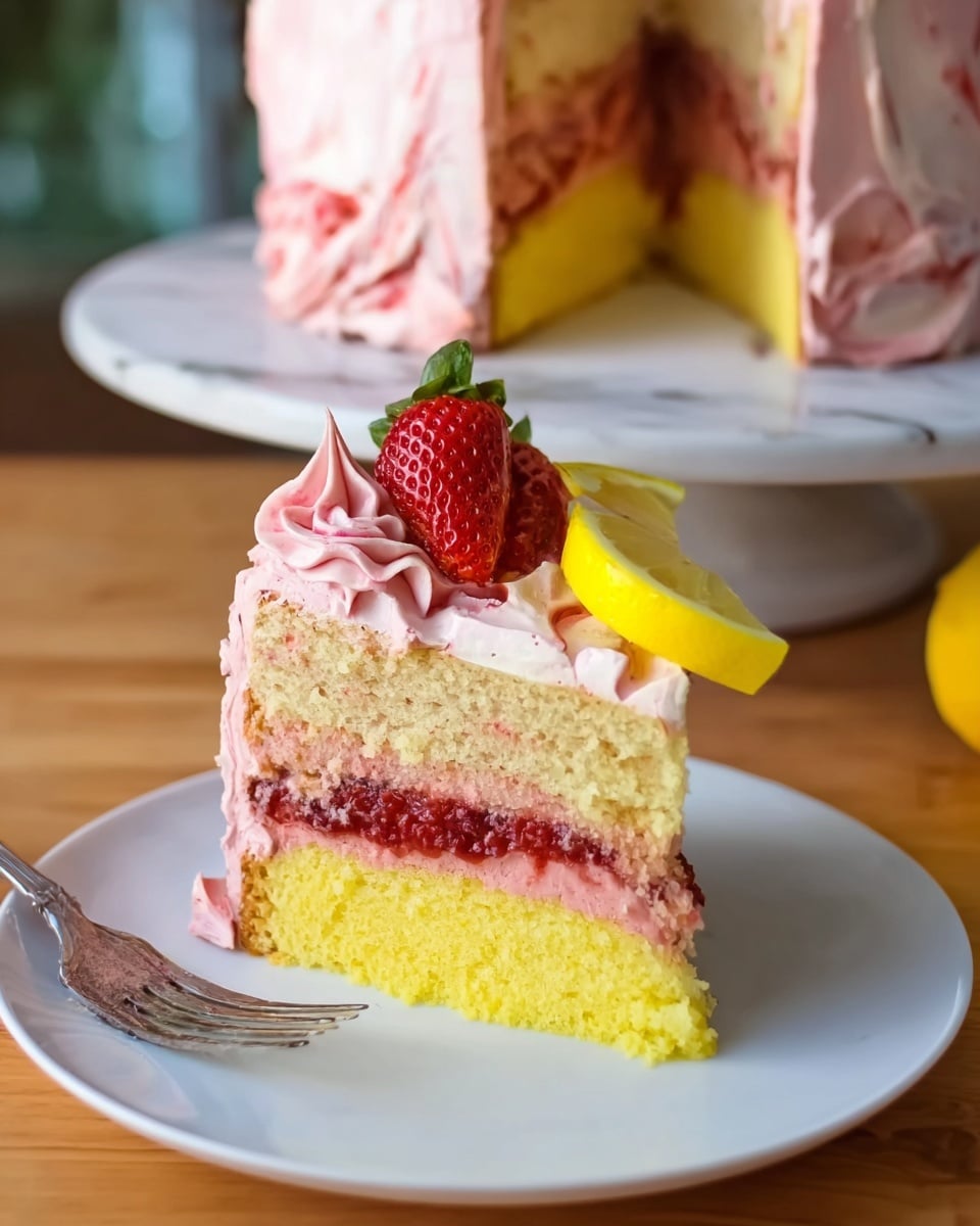 A slice of three-layer cake on a white plate with a fork next to it. The bottom and top layers are yellow cake, and the middle layer is light pink cake with a red jam filling in the center. The outside has light pink frosting. On top of the slice, there is a swirl of pink frosting, a whole strawberry, and a thin lemon slice. The background shows the rest of the cake on a white plate placed on a wooden table, with a white marbled surface beneath. Photo taken with an iphone --ar 4:5 --v 7