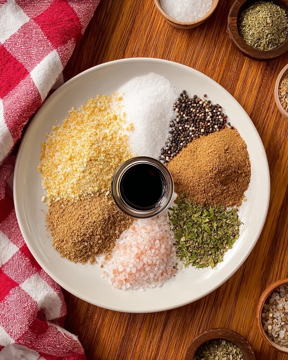 A white round plate displays seven layers of different seasonings arranged like slices of a pie. The largest layer on the left is light yellow flakes, next to it is a large portion of brown powder on the right side. On top of this are three smaller layers: black and white cracked pepper, white granulated salt, and light beige powder. Below these is a small mound of pink salt, followed by a green herb layer at the bottom. In the center of the plate is a small dark glass container with a black liquid inside. The plate is set on a wooden surface with a red and white checkered cloth on the left side and some small bowls containing other spices around the edges. Photo taken with an iphone --ar 4:5 --v 7