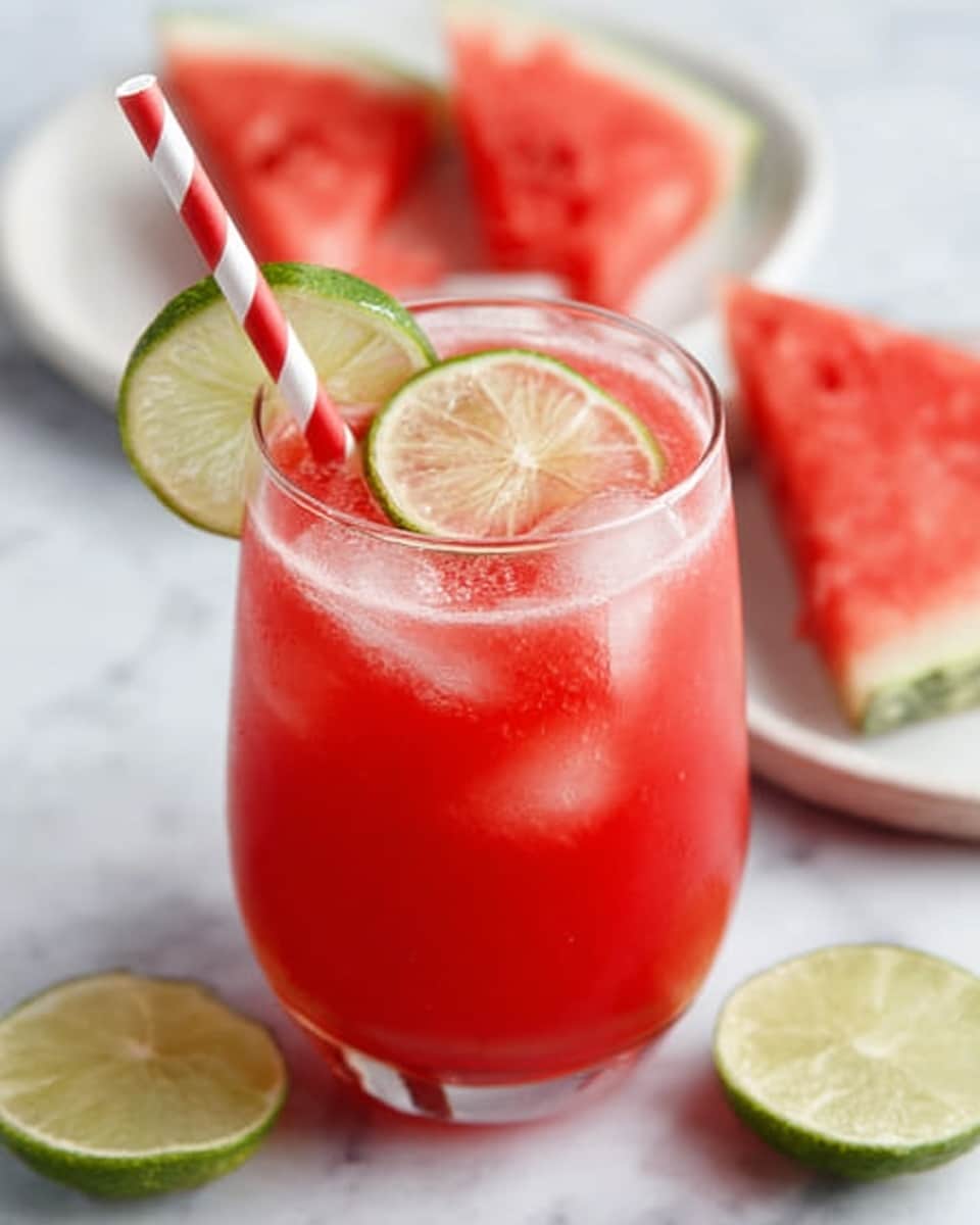 The image shows a clear glass filled with bright red watermelon juice and ice cubes. On top of the juice, there are two round green lime slices arranged side by side. A red and white striped paper straw sticks out from the left side of the glass. The glass is placed on a white marble surface with a white plate and two triangular slices of watermelon blurred in the background. photo taken with an iphone --ar 4:5 --v 7