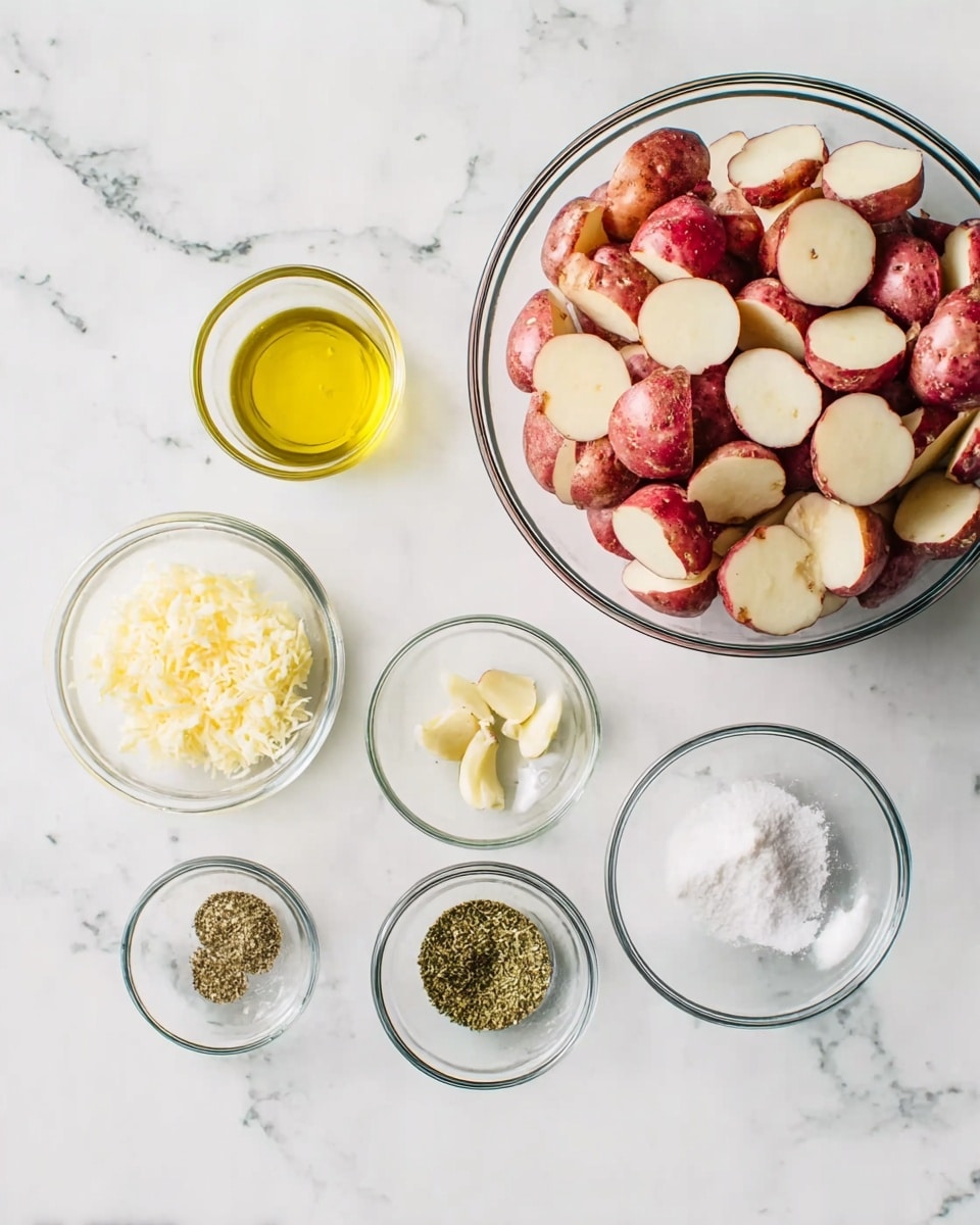 The image shows seven clear glass bowls placed on a white marbled surface. The largest bowl on the right is filled with layered red-skinned potato pieces with white insides. Below and to the left are smaller bowls in a loose circle: one bowl holds light yellow olive oil with a smooth texture, another has pale yellow grated cheese, a third contains minced garlic with a soft texture, and the remaining three bowls contain white salt, black ground pepper, and dried green herbs respectively. The bowls are arranged with good spacing, highlighting the contrast of colors and textures against the white marbled background. photo taken with an iphone --ar 4:5 --v 7