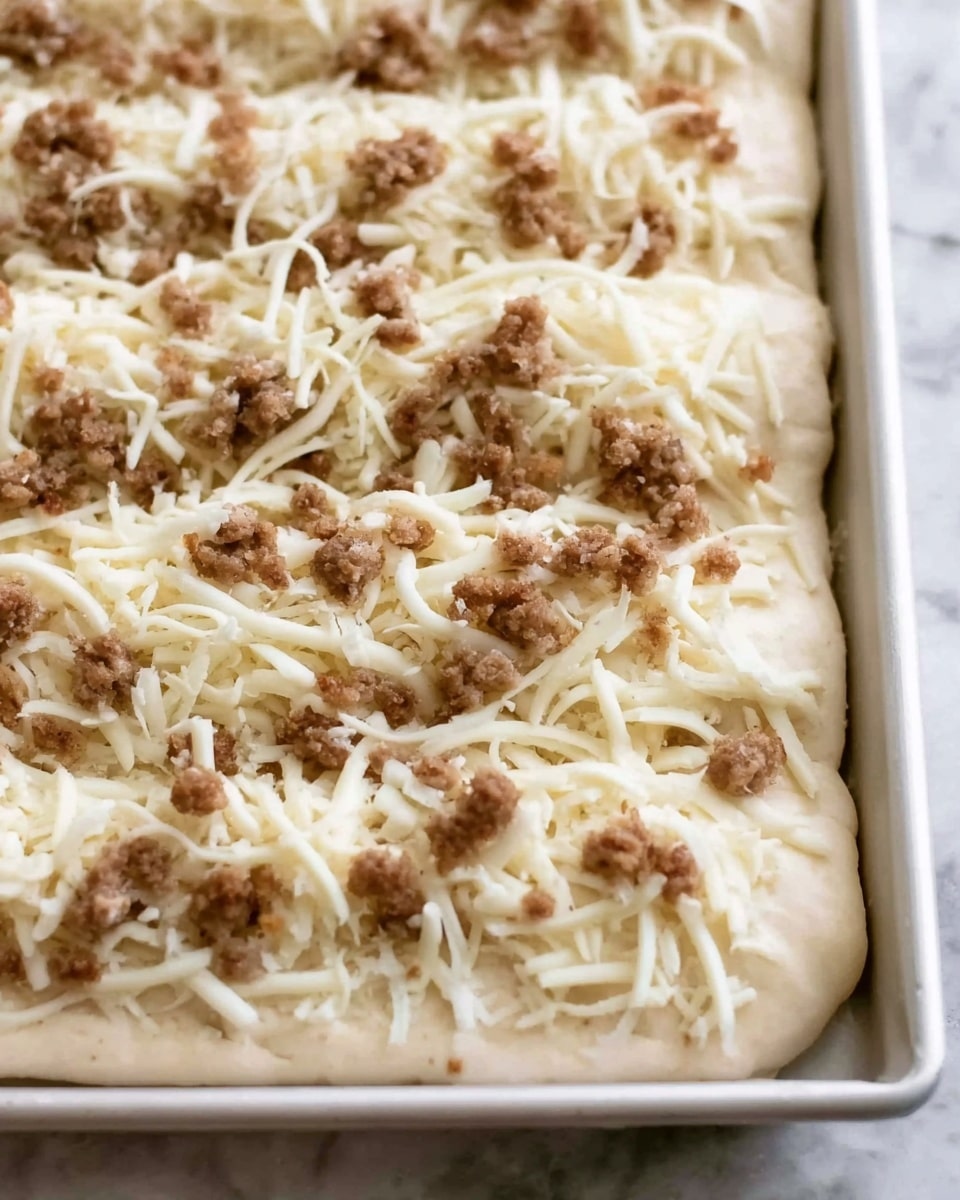 A close-up view of a rectangular dough base in a white pan with a soft, light-colored texture, topped with an even spread of shredded white cheese and small, brown sausage pieces scattered all over. The edges of the dough are slightly puffy and uneven. The background is a white marbled surface. photo taken with an iphone --ar 4:5 --v 7