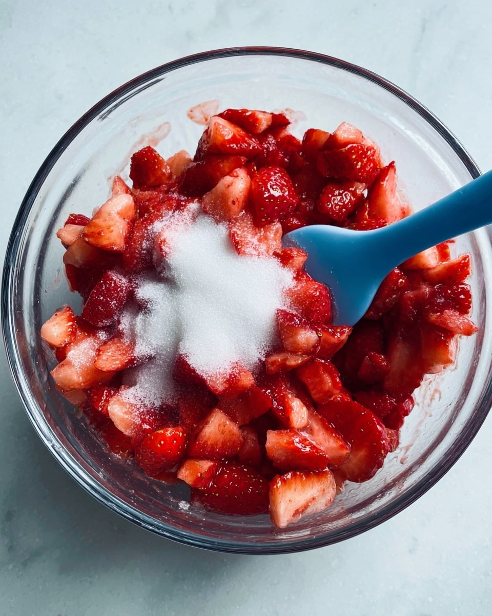 A clear glass bowl sits on a white marbled surface, filled with bright red pieces of chopped strawberries. On top of the strawberries, there is a layer of white granulated sugar. A blue spatula is partially dipped into the bowl on the right side, resting on the strawberries and sugar. The strawberries have a juicy texture with some seeds visible, and the sugar looks slightly scattered over them. photo taken with an iphone --ar 4:5 --v 7