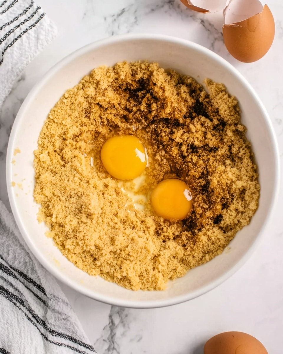 The image shows a white bowl on a white marbled surface, filled halfway with a yellowish-brown crumbly mixture. On one side of the bowl, there are two raw eggs with bright yellow yolks sitting on top of the mixture. Around the bowl, there are a couple of brown eggshells and a white and black striped cloth partially visible. The texture of the mixture looks soft and coarse, contrasting with the smooth, shiny eggs. photo taken with an iphone --ar 4:5 --v 7