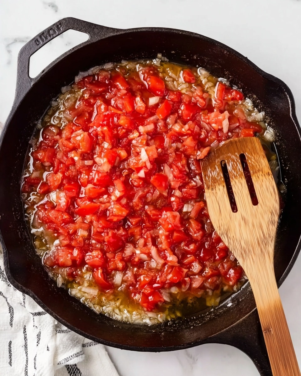 A black cast iron pan filled with a mixture of diced red tomatoes and finely chopped white onions simmering in liquid, the vegetables spread evenly across the pan surface. A wooden spatula with three long slots is resting inside the pan, positioned on the right side and slightly submerged in the mixture. The pan sits on a white marbled surface, and a white cloth with black lines is partially visible near the lower left corner. Photo taken with an iphone --ar 4:5 --v 7