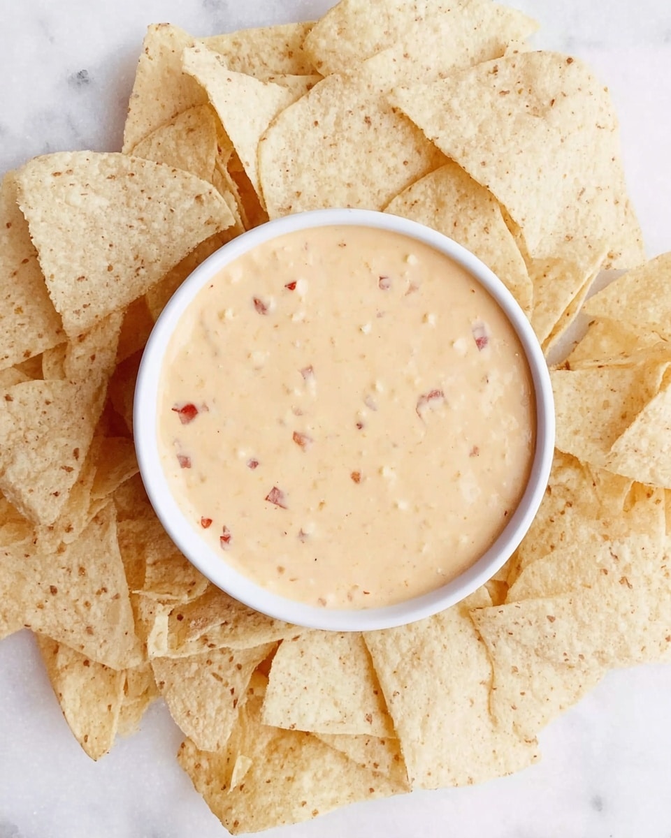 A top view shows a white round bowl filled with creamy cheese dip that has small red bits inside, placed at the center. Around the bowl, there is a circle of light beige tortilla chips with a slightly rough texture and some darker spots, all arranged on a white marbled surface. The chips surround the bowl closely but are not piled up. Photo taken with an iphone --ar 4:5 --v 7