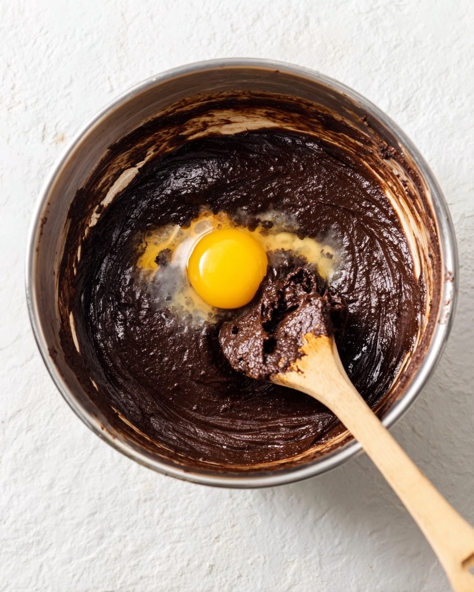 A shiny metal bowl filled with thick dark brown chocolate batter with a raw egg yolk sitting on top near the middle. A wooden spoon with some chocolate batter stuck on it leans inside the bowl from the right side. The background is a white marbled surface. photo taken with an iphone --ar 4:5 --v 7