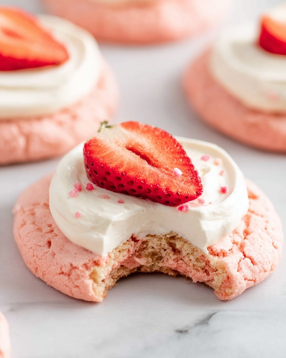 A single round pink cookie forms the bottom layer with a soft, slightly crumbly texture. On top, there is a thick swirl of white cream, smooth and fluffy, spread in a circular motion. Small pink crumbs are sprinkled lightly over the white cream. At the center of the cream sits one halved fresh strawberry, red with tiny yellow seeds and a green leafy top. The cookie rests on a white marbled surface. Photo taken with an iphone --ar 4:5 --v 7