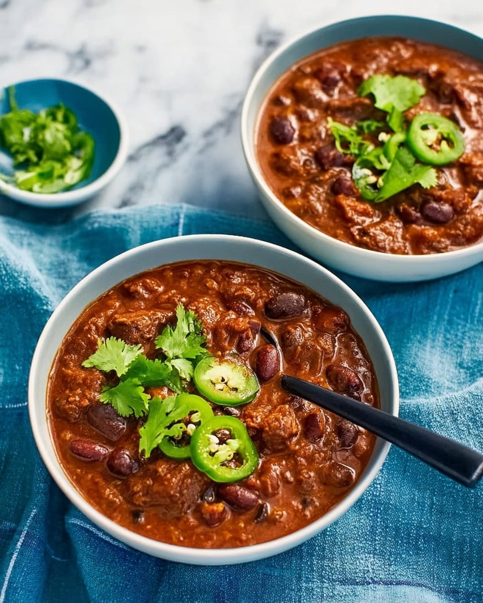 Two white bowls filled with thick chili, each containing visible kidney beans and chunks of meat in a rich reddish-brown sauce. The chili is topped with bright green cilantro leaves and several slices of green jalapeño peppers placed near the center. One bowl has a black spoon resting inside it, angled towards the viewer. The bowls are set on a white marbled surface with a blue and white cloth nearby, adding a soft texture to the scene. photo taken with an iphone --ar 4:5 --v 7