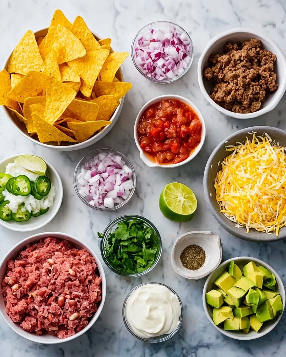 A white bowl filled with golden tortilla chips sits on the top left of the image, surrounded by small white bowls arranged on a white marbled surface. The small bowls contain finely chopped red onion, diced white onion, sour cream, colorful cooked beans, bright red salsa, raw ground meat, sliced green jalapeños, lime wedges, black pepper, chili powder, salt, chopped fresh green herbs, and cubed green avocado. On the top right, a gray bowl holds shredded yellow and white cheese. The arrangement creates a colorful and fresh display of ingredients for a Mexican-style dish. Photo taken with an iphone --ar 4:5 --v 7