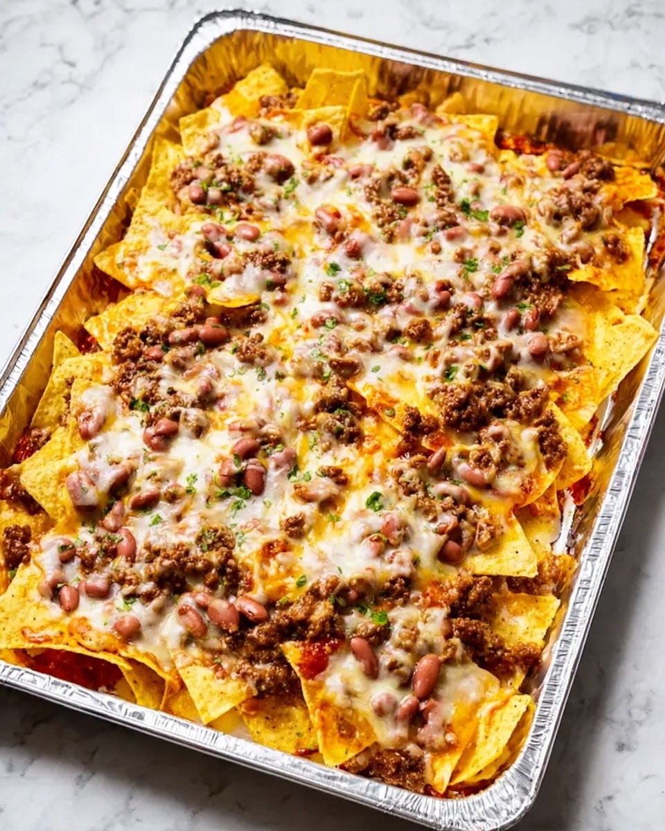 A large white tray lined with foil holds a baked dish of nachos. The bottom layer is golden yellow tortilla chips, topped with melted white cheese that covers most of the chips. On top, there are scattered brown cooked ground meat and light red beans evenly spread. The colors and textures mix with melted cheese blending with the tortilla chips, meat, and beans. The background is a white marbled surface photo taken with an iphone --ar 4:5 --v 7