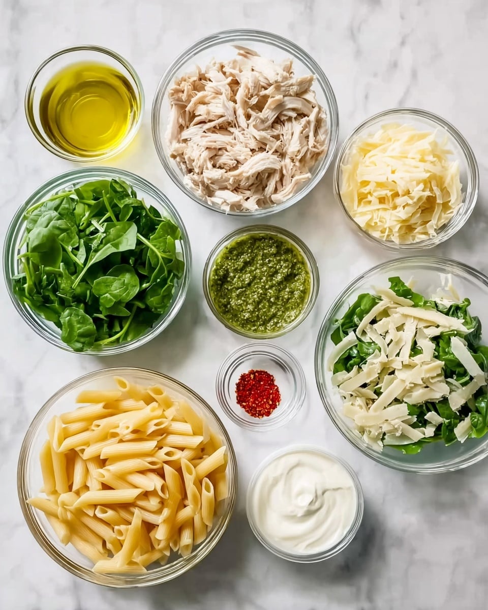 The image shows seven clear bowls arranged on a white marbled surface, each containing different ingredients for a meal. In the top left is a small clear bowl with light yellow-green olive oil, next to it on the right is a larger clear bowl filled with shredded light brown chicken. To the right again is a medium clear bowl with grated pale yellow cheese. Below the cheese, a smaller clear bowl holds a green pesto sauce with a shiny texture. In the bottom right corner is a clear bowl with white creamy sauce. To the left of that is a small bowl with bright red spice powder. At the bottom left, a larger clear bowl contains pale yellow penne pasta. In the center is a large clear bowl filled with fresh green chopped spinach. All bowls are evenly spaced on the white marbled background. photo taken with an iphone --ar 4:5 --v 7